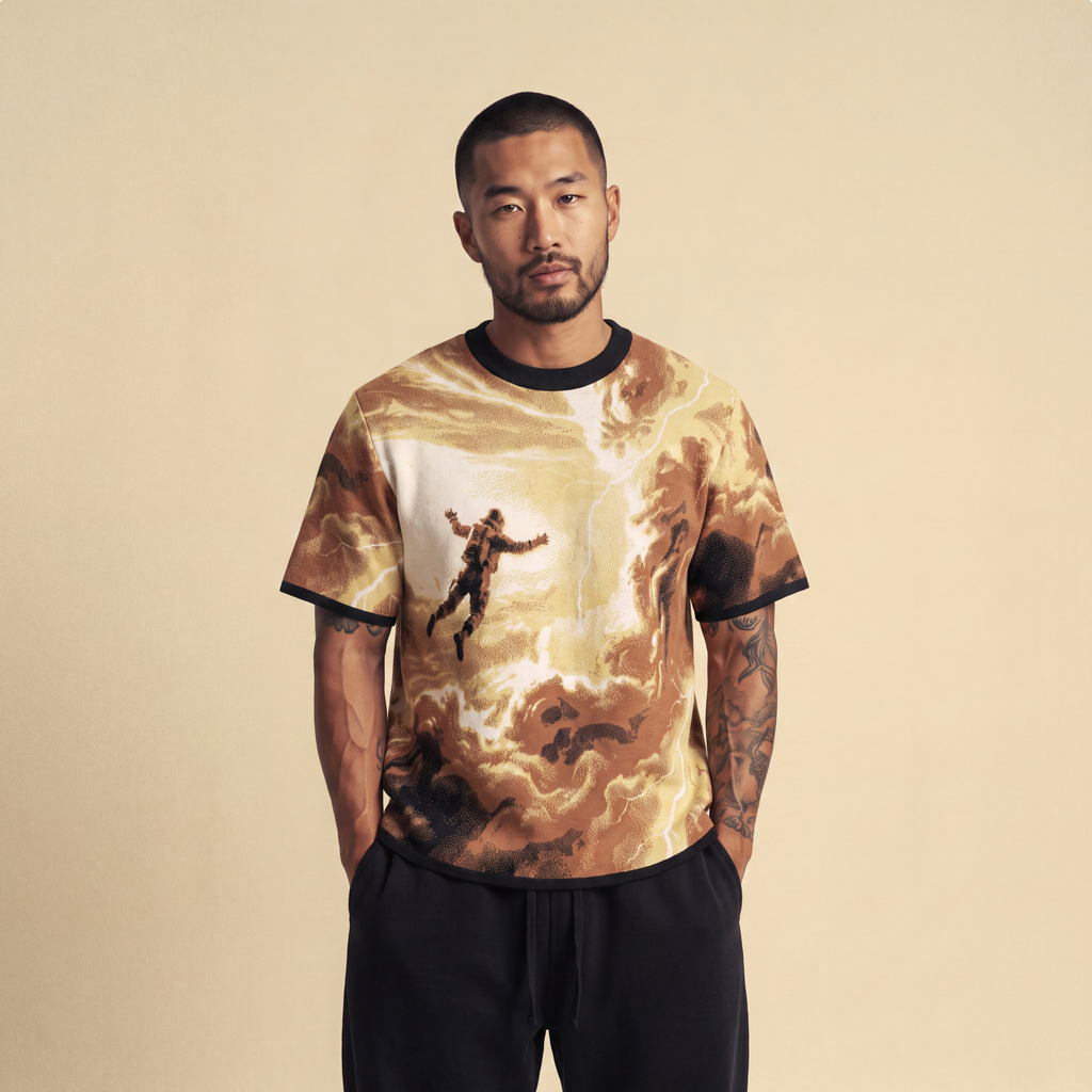 Falling Through Saturn Skies - Retro Sci-Fi Astronaut Knit T-Shirt | Space Age Retrofuturism Streetwear Oversized Woven Jacquard Tee