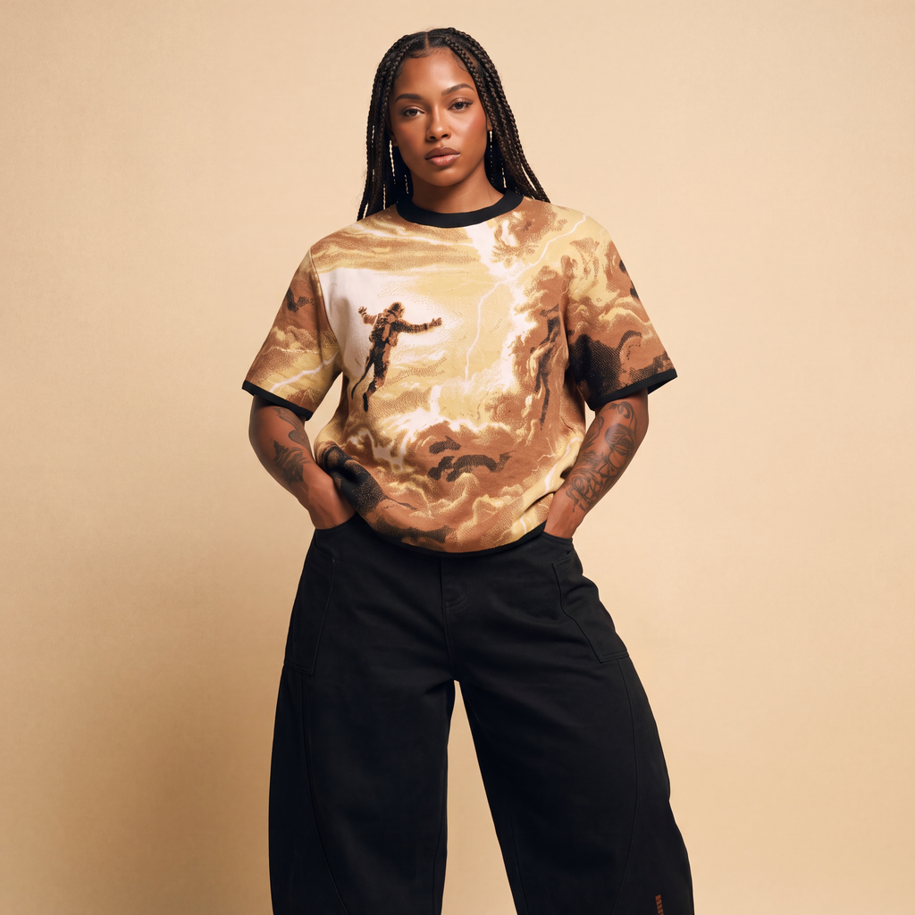 Falling Through Saturn Skies - Retro Sci-Fi Astronaut Knit T-Shirt | Space Age Retrofuturism Streetwear Oversized Woven Jacquard Tee