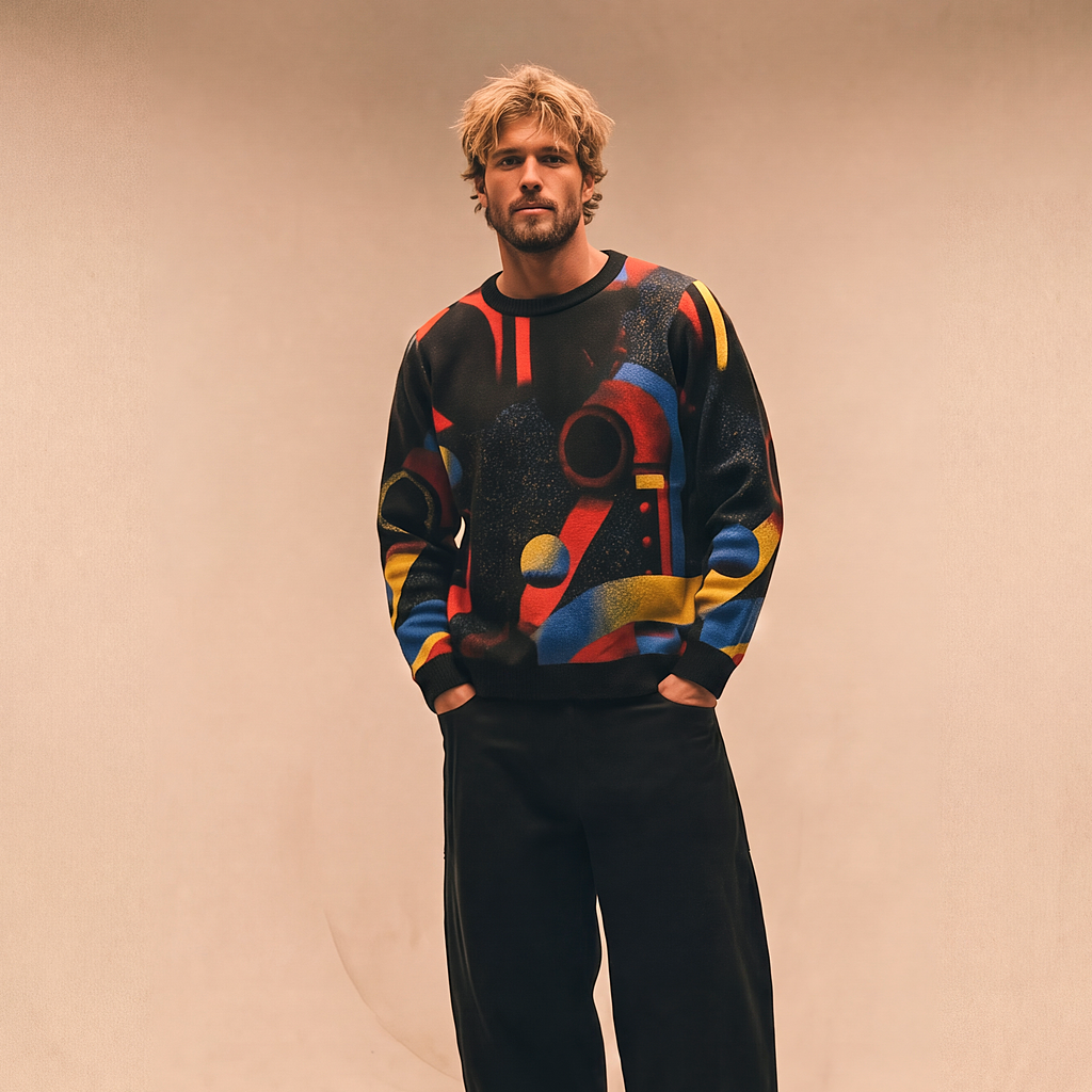 Minoan Abstract Retro-Futurist Jacquard Sweater (Relaxed Fit Edition) — Ancient Future Geometric Knit Relaxed Fit Pullover