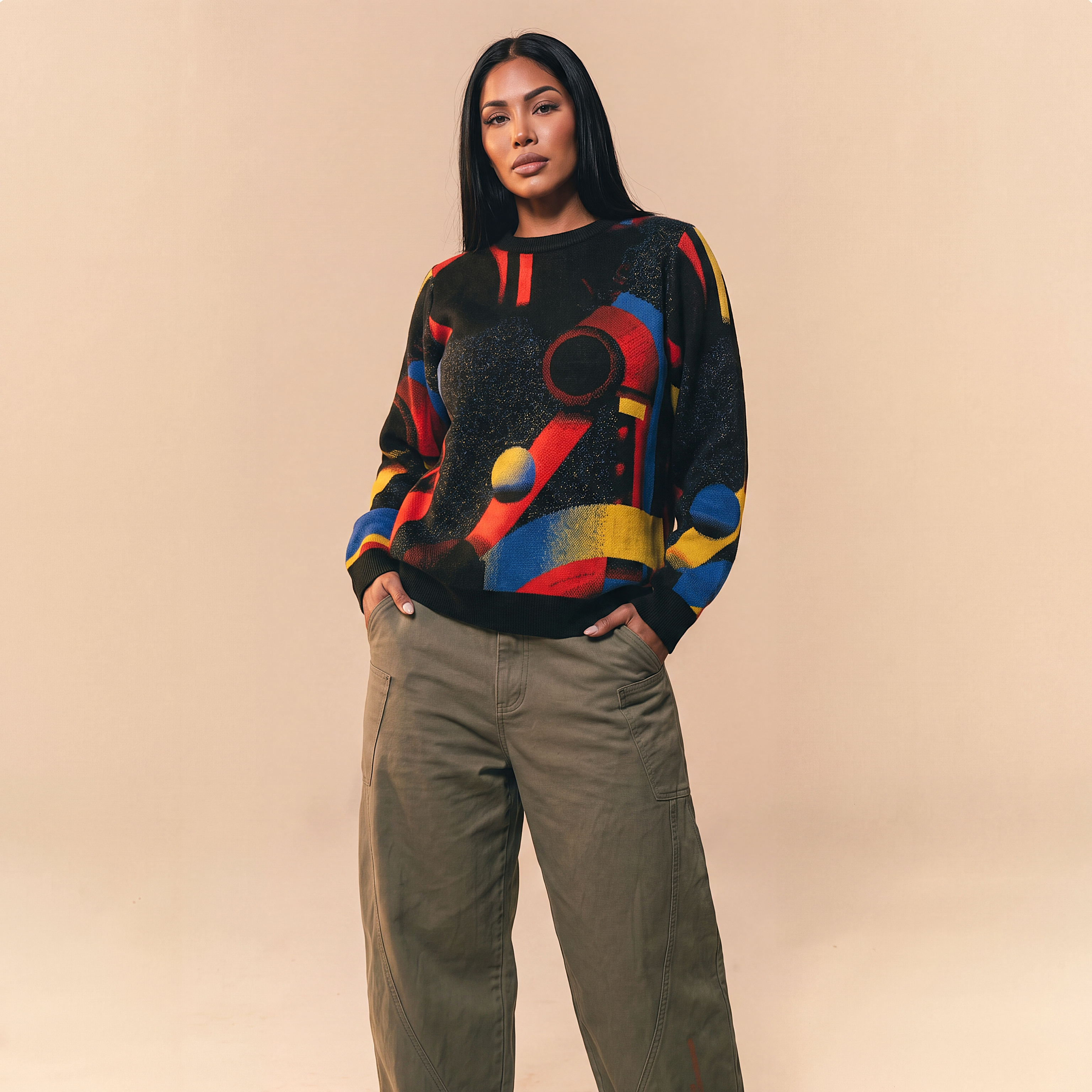 Minoan Abstract Retro-Futurist Jacquard Sweater (Relaxed Fit Edition) — Ancient Future Geometric Knit Relaxed Fit Pullover