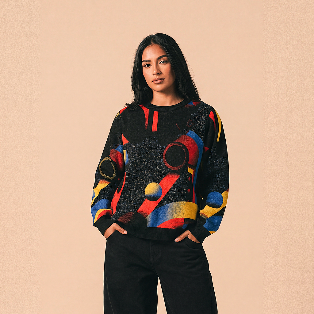 Minoan Abstract Retro-Futurist Jacquard Sweater (Relaxed Fit Edition) — Ancient Future Geometric Knit Relaxed Fit Pullover