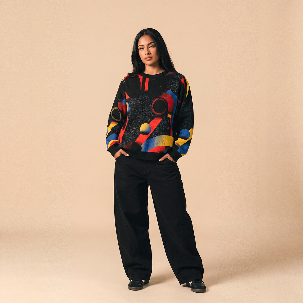 Minoan Abstract Retro-Futurist Jacquard Sweater (Relaxed Fit Edition) — Ancient Future Geometric Knit Relaxed Fit Pullover