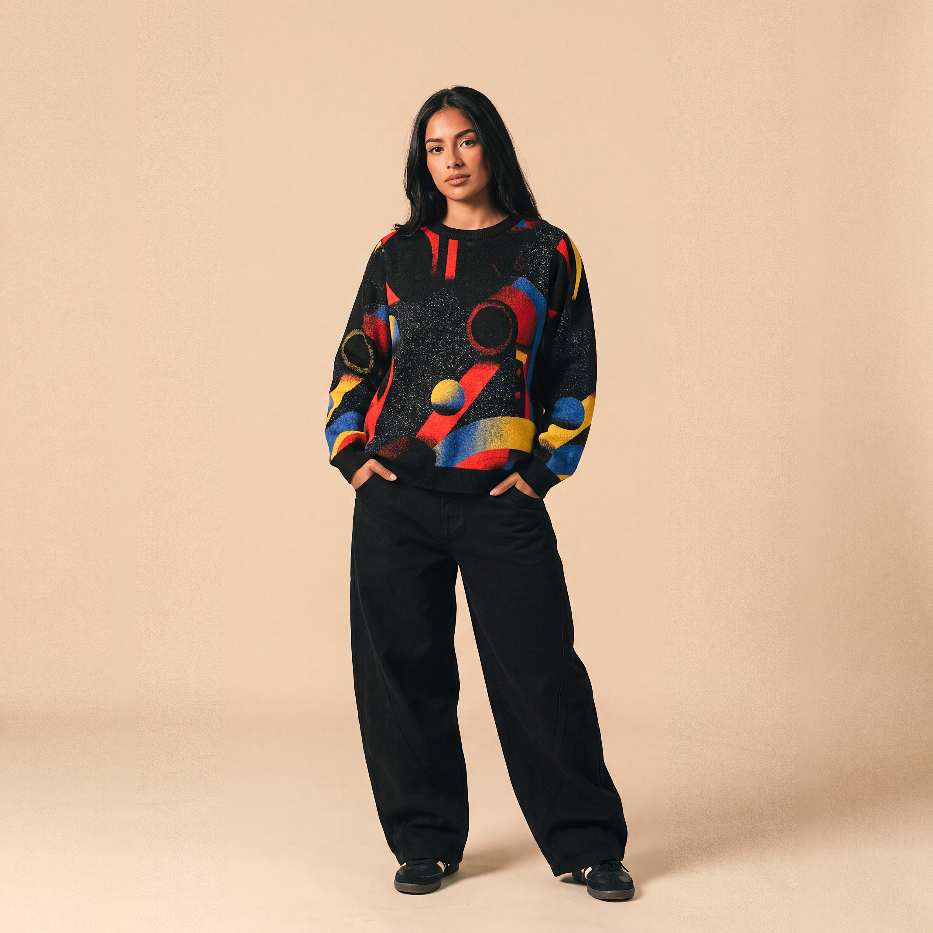 Minoan Abstract Retro-Futurist Jacquard Sweater (Relaxed Fit Edition) — Ancient Future Geometric Knit Relaxed Fit Pullover