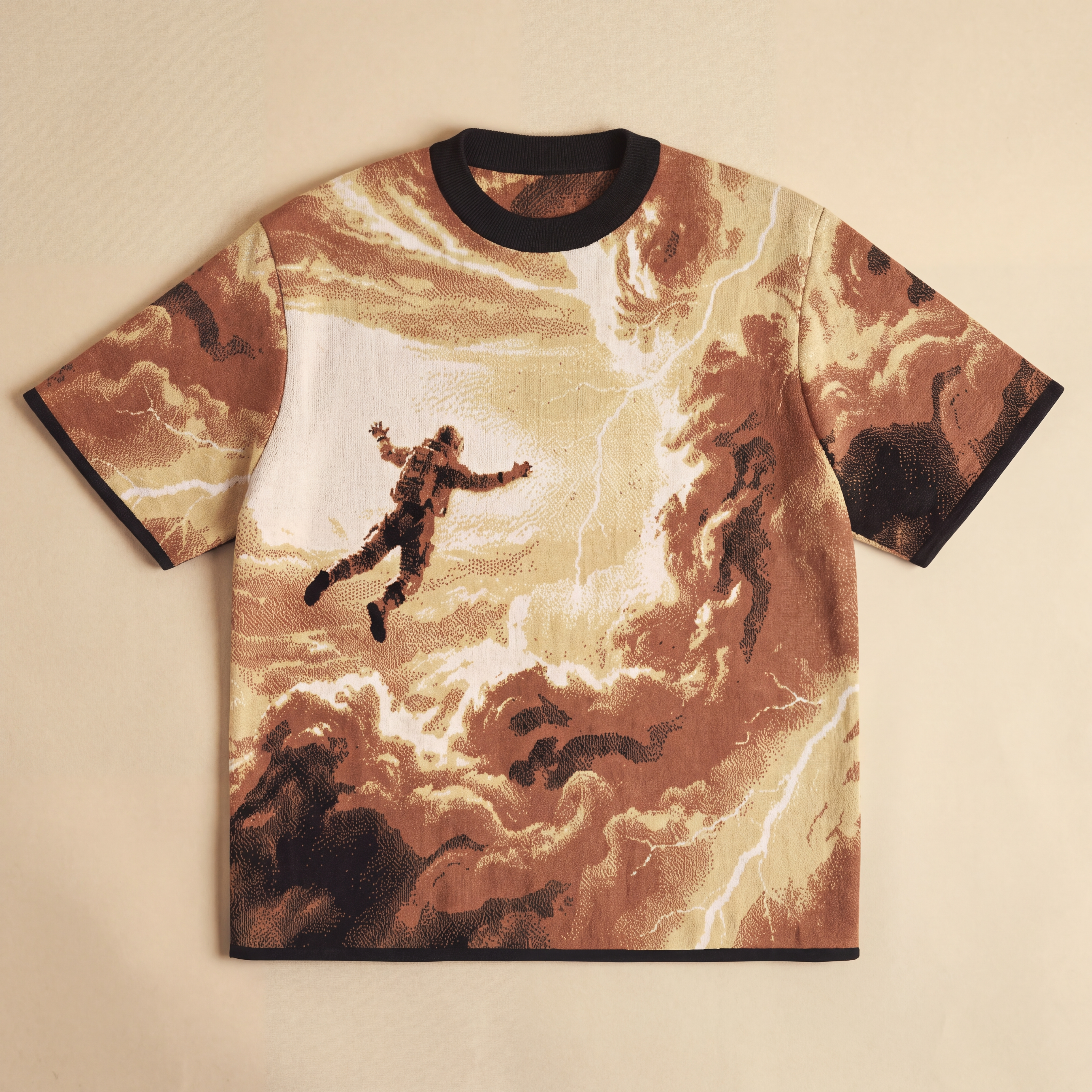 Falling Through Saturn Skies - Retro Sci-Fi Astronaut Knit T-Shirt | Space Age Retrofuturism Streetwear Oversized Woven Jacquard Tee