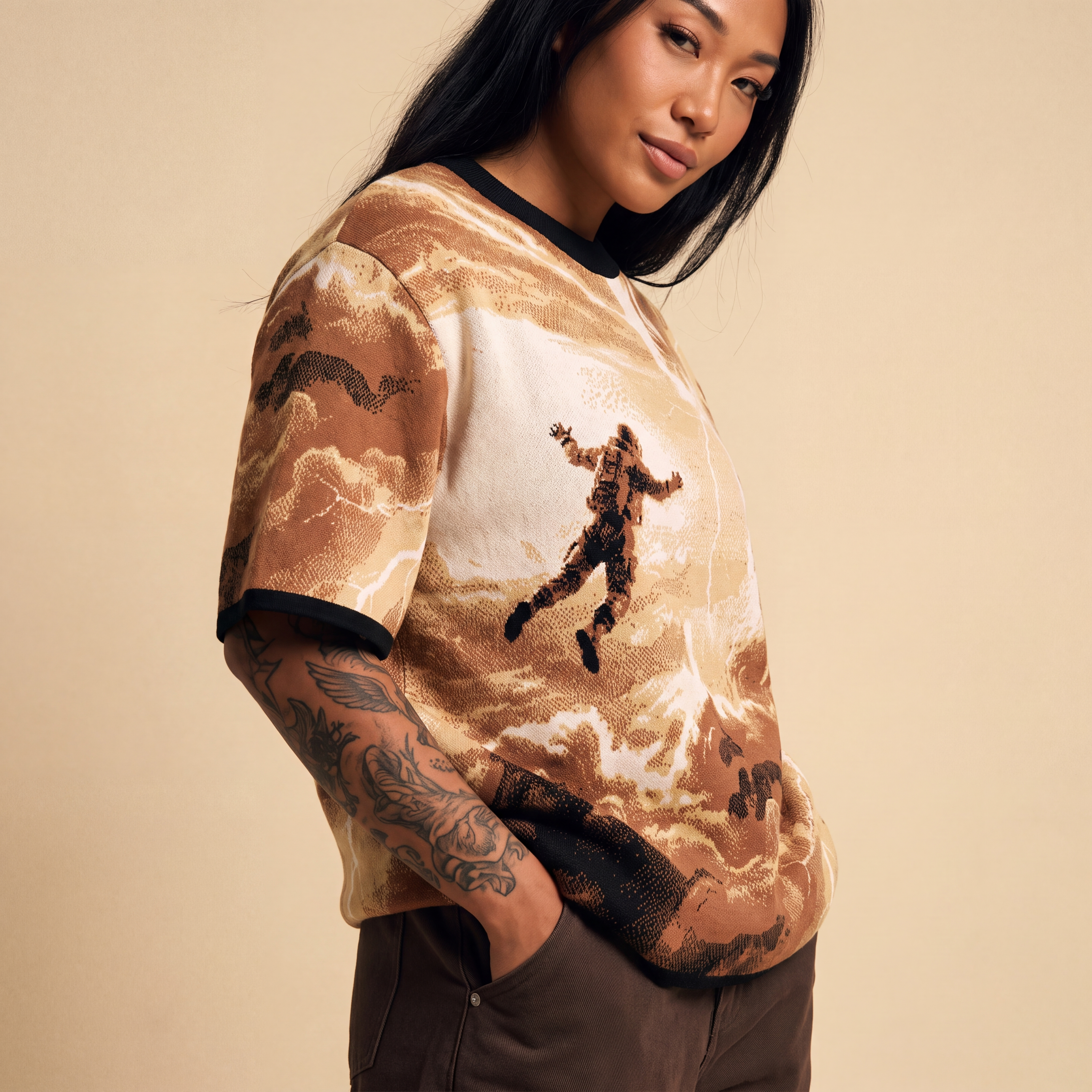 Falling Through Saturn Skies - Retro Sci-Fi Astronaut Knit T-Shirt | Space Age Retrofuturism Streetwear Oversized Woven Jacquard Tee