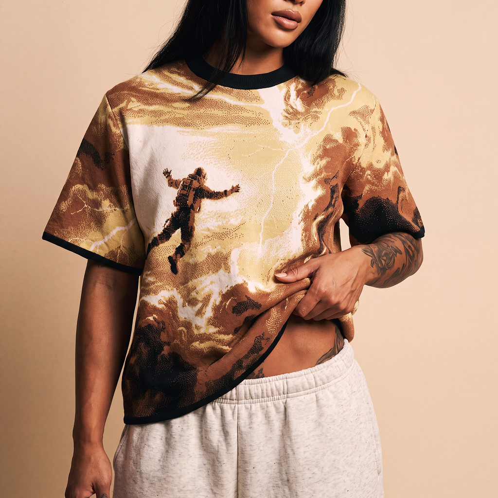 Falling Through Saturn Skies - Retro Sci-Fi Astronaut Knit T-Shirt | Space Age Retrofuturism Streetwear Oversized Woven Jacquard Tee