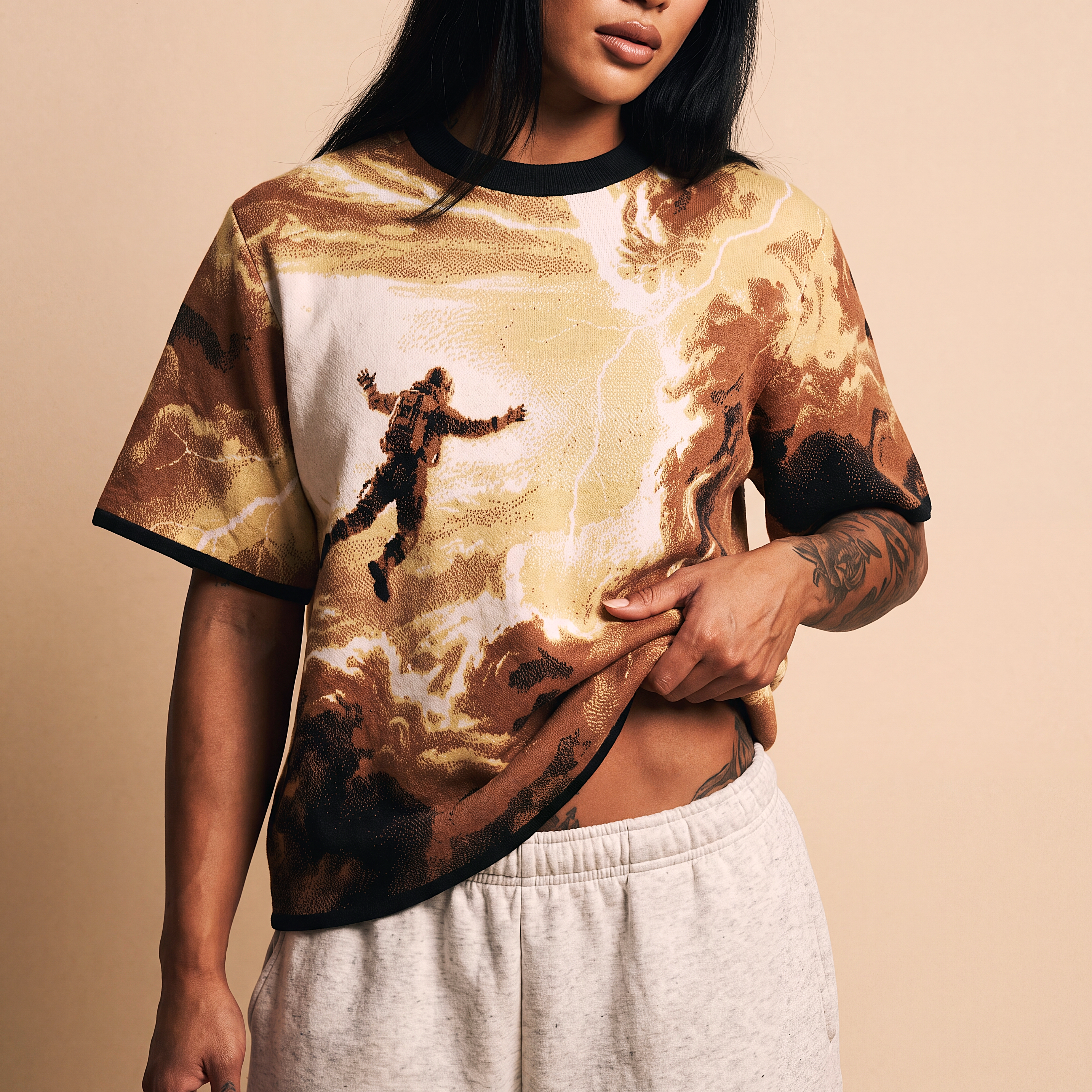 Falling Through Saturn Skies - Retro Sci-Fi Astronaut Knit T-Shirt | Space Age Retrofuturism Streetwear Oversized Woven Jacquard Tee