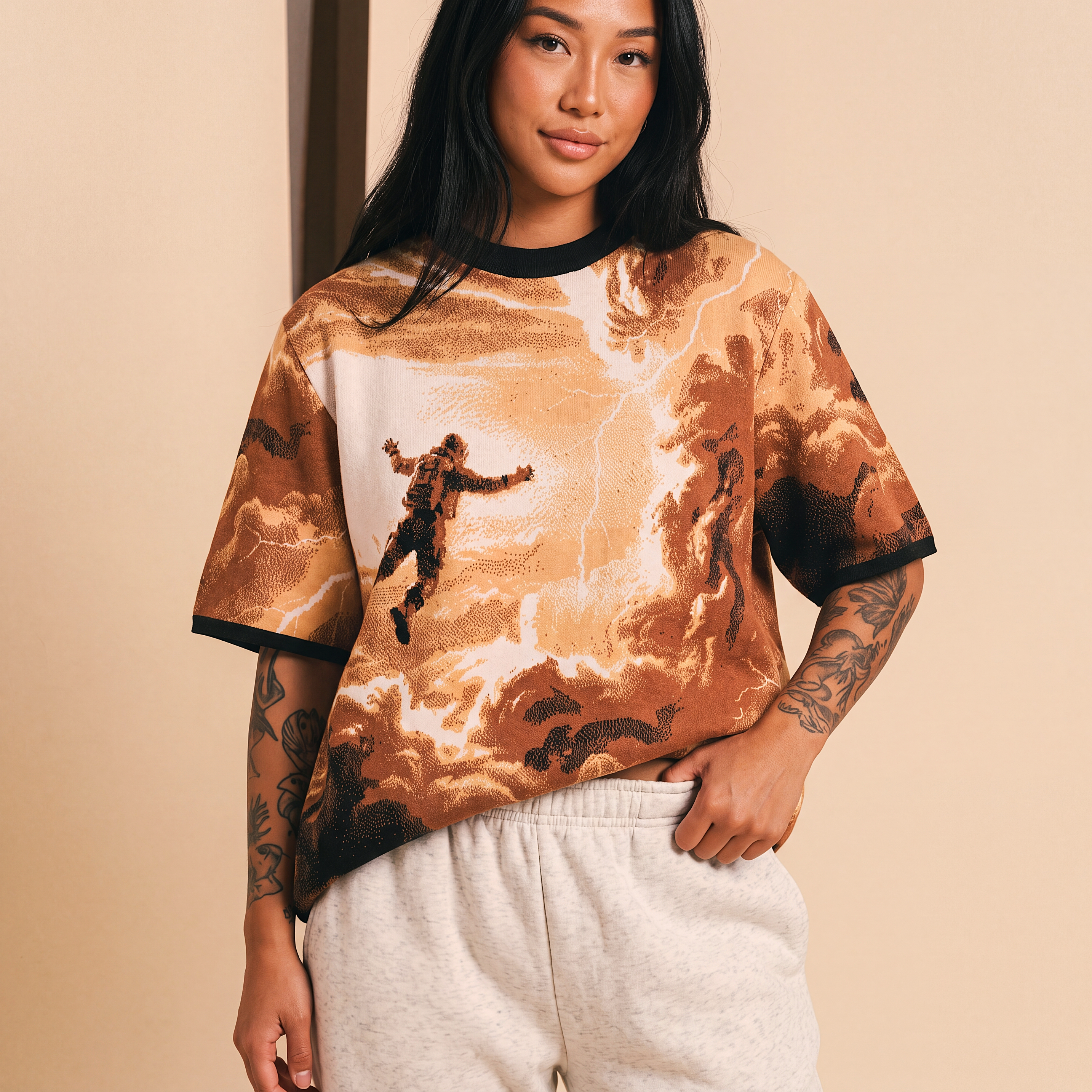 Falling Through Saturn Skies - Retro Sci-Fi Astronaut Knit T-Shirt | Space Age Retrofuturism Streetwear Oversized Woven Jacquard Tee