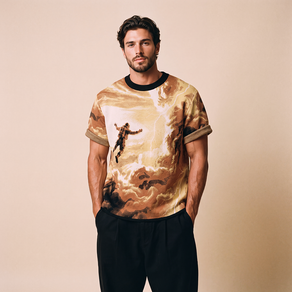 Falling Through Saturn Skies - Retro Sci-Fi Astronaut Knit T-Shirt | Space Age Retrofuturism Streetwear Oversized Woven Jacquard Tee