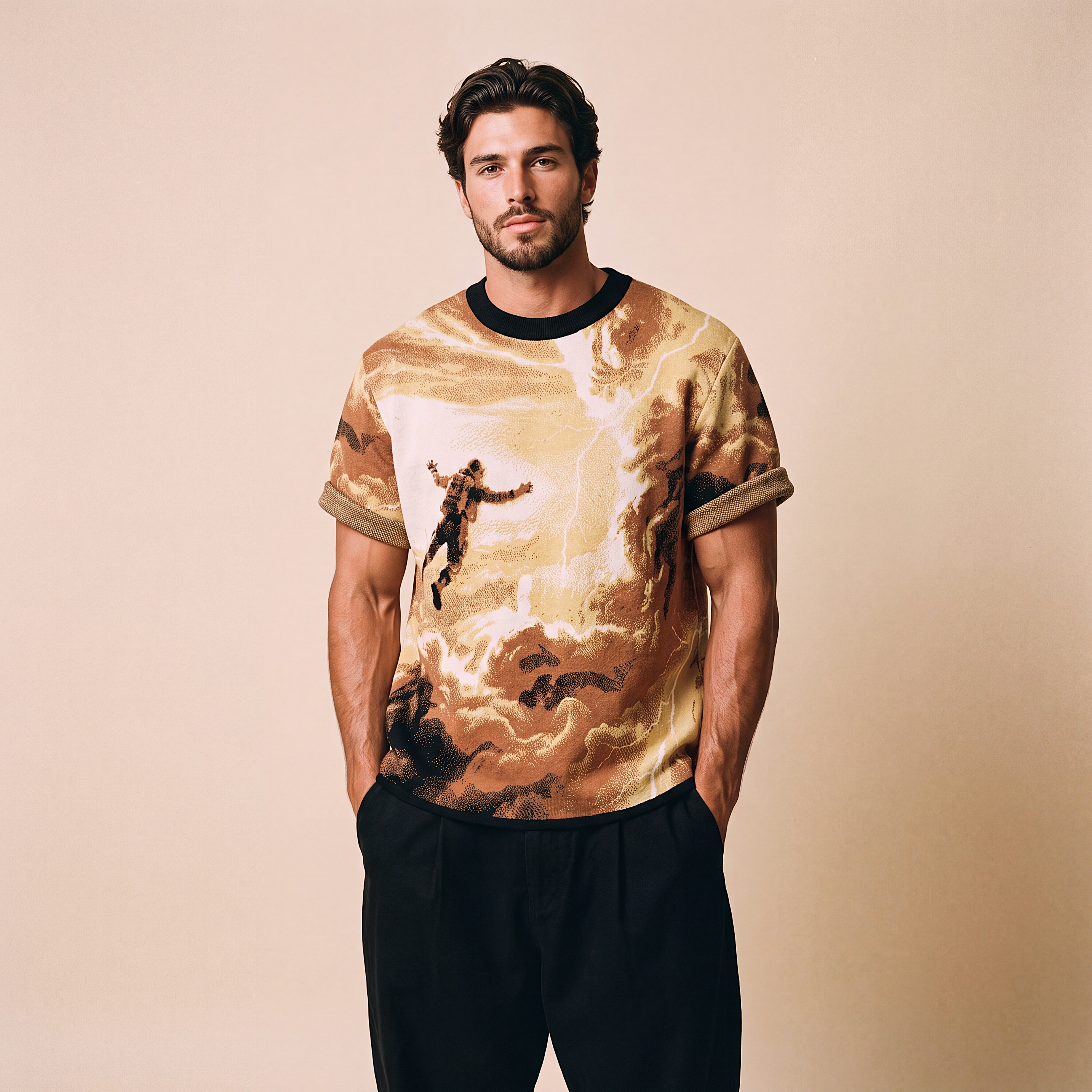 Falling Through Saturn Skies - Retro Sci-Fi Astronaut Knit T-Shirt | Space Age Retrofuturism Streetwear Oversized Woven Jacquard Tee