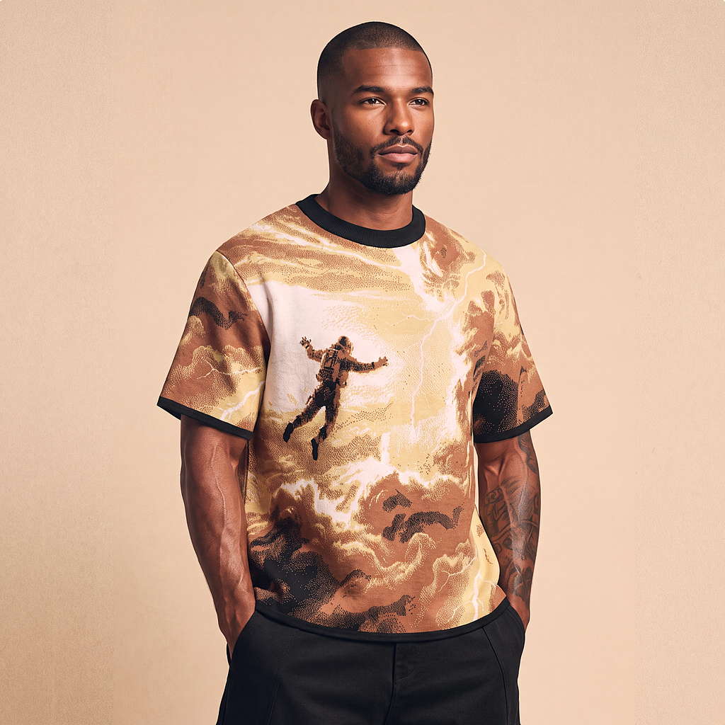 Falling Through Saturn Skies - Retro Sci-Fi Astronaut Knit T-Shirt | Space Age Retrofuturism Streetwear Oversized Woven Jacquard Tee