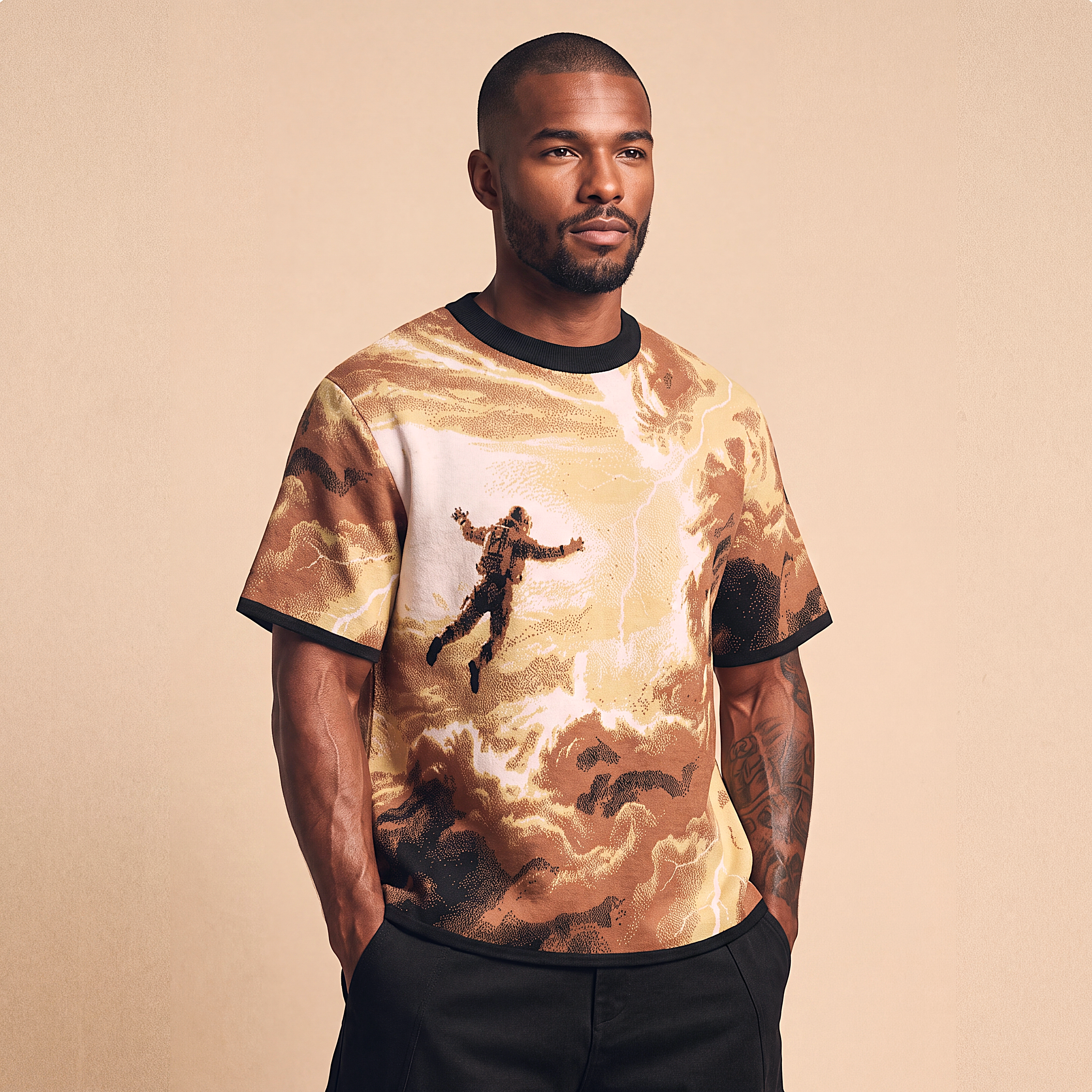 Falling Through Saturn Skies - Retro Sci-Fi Astronaut Knit T-Shirt | Space Age Retrofuturism Streetwear Oversized Woven Jacquard Tee