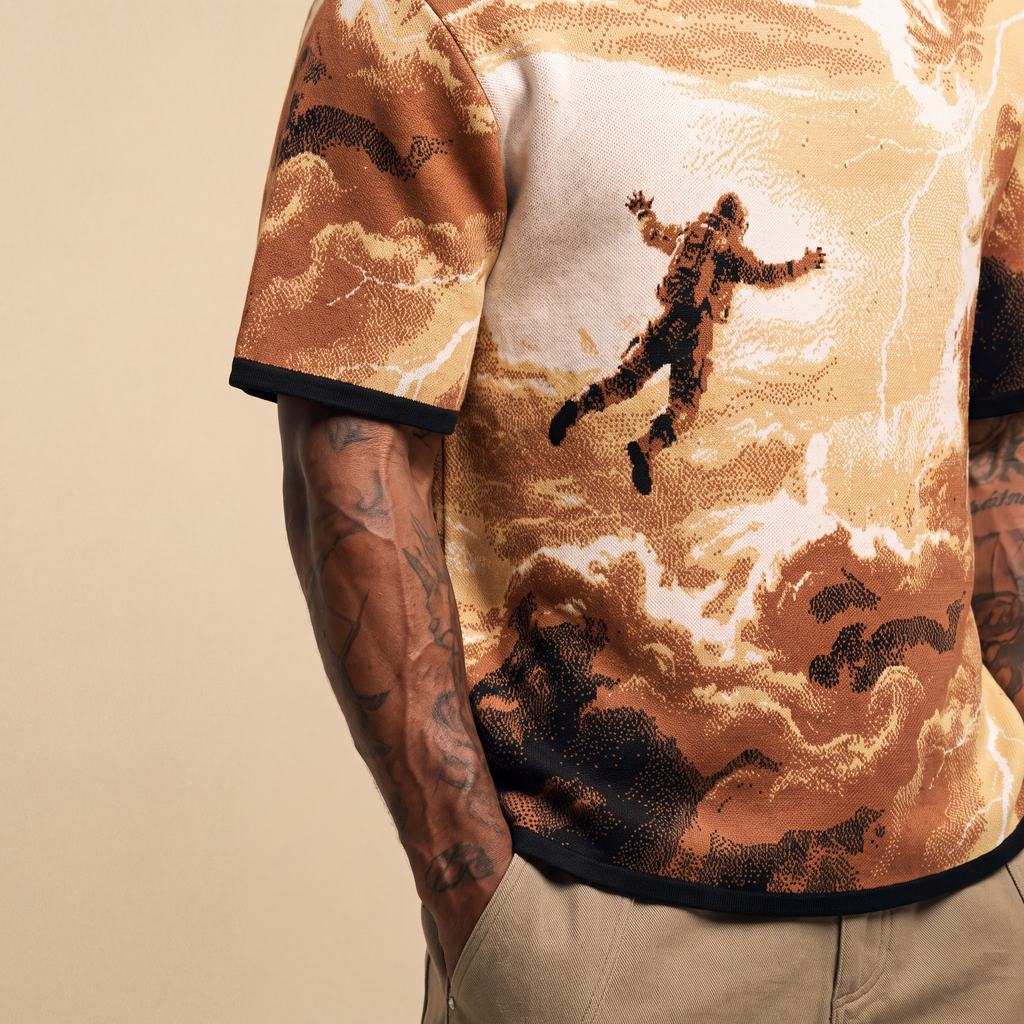 Falling Through Saturn Skies - Retro Sci-Fi Astronaut Knit T-Shirt | Space Age Retrofuturism Streetwear Oversized Woven Jacquard Tee