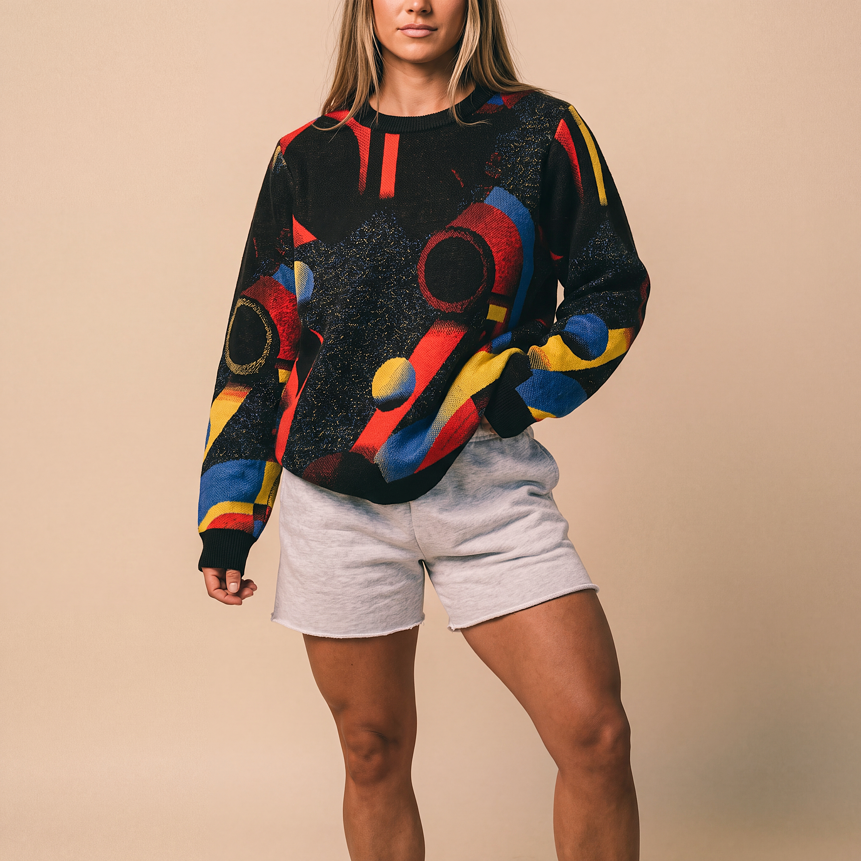 Minoan Abstract Retro-Futurist Jacquard Sweater (Relaxed Fit Edition) — Ancient Future Geometric Knit Relaxed Fit Pullover
