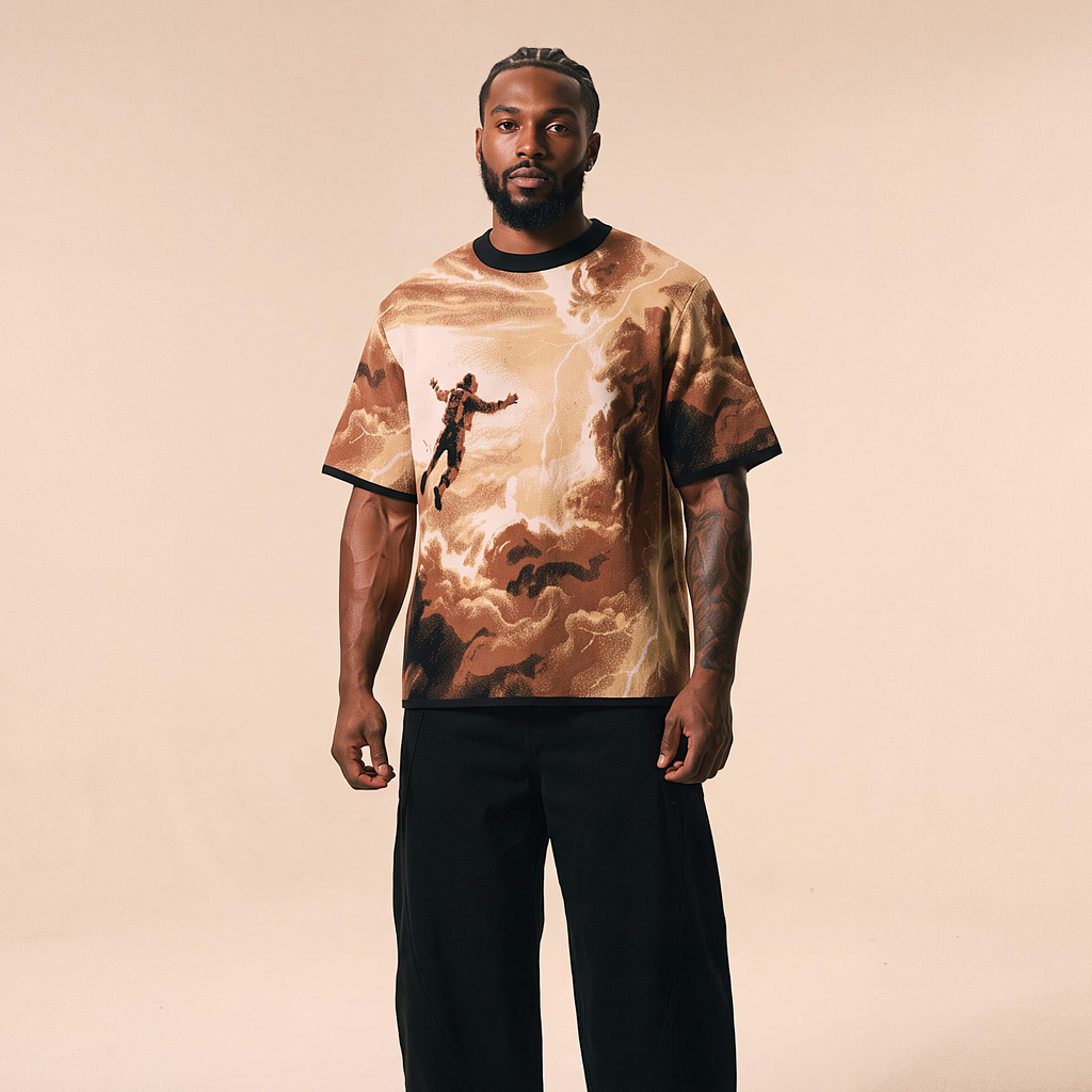 Falling Through Saturn Skies - Retro Sci-Fi Astronaut Knit T-Shirt | Space Age Retrofuturism Streetwear Oversized Woven Jacquard Tee