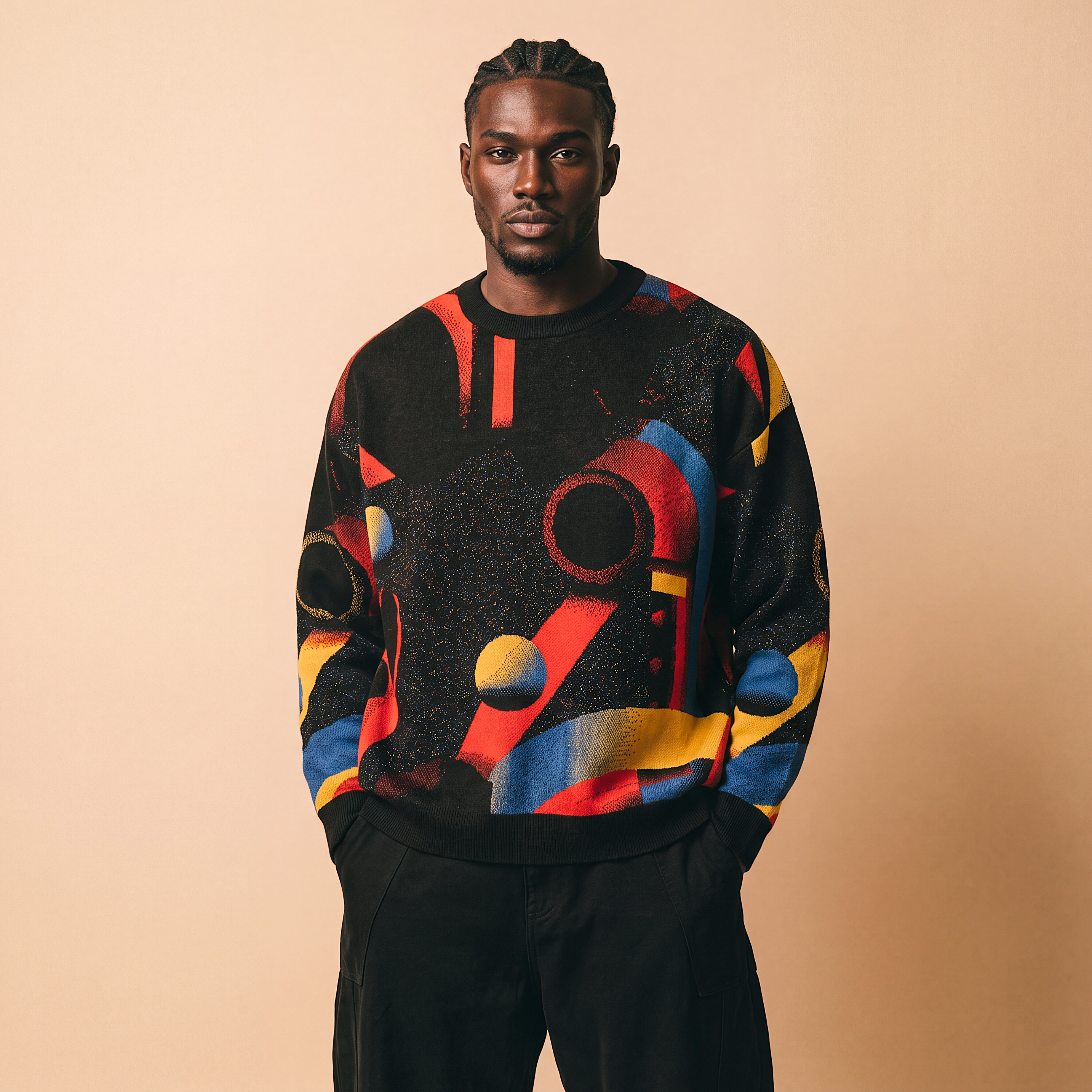 Minoan Abstract Retro-Futurist Jacquard Sweater (Relaxed Fit Edition) — Ancient Future Geometric Knit Relaxed Fit Pullover