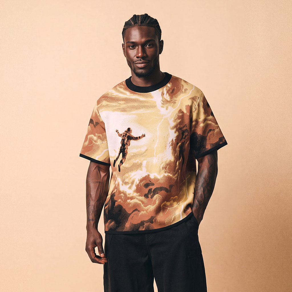 Falling Through Saturn Skies - Retro Sci-Fi Astronaut Knit T-Shirt | Space Age Retrofuturism Streetwear Oversized Woven Jacquard Tee