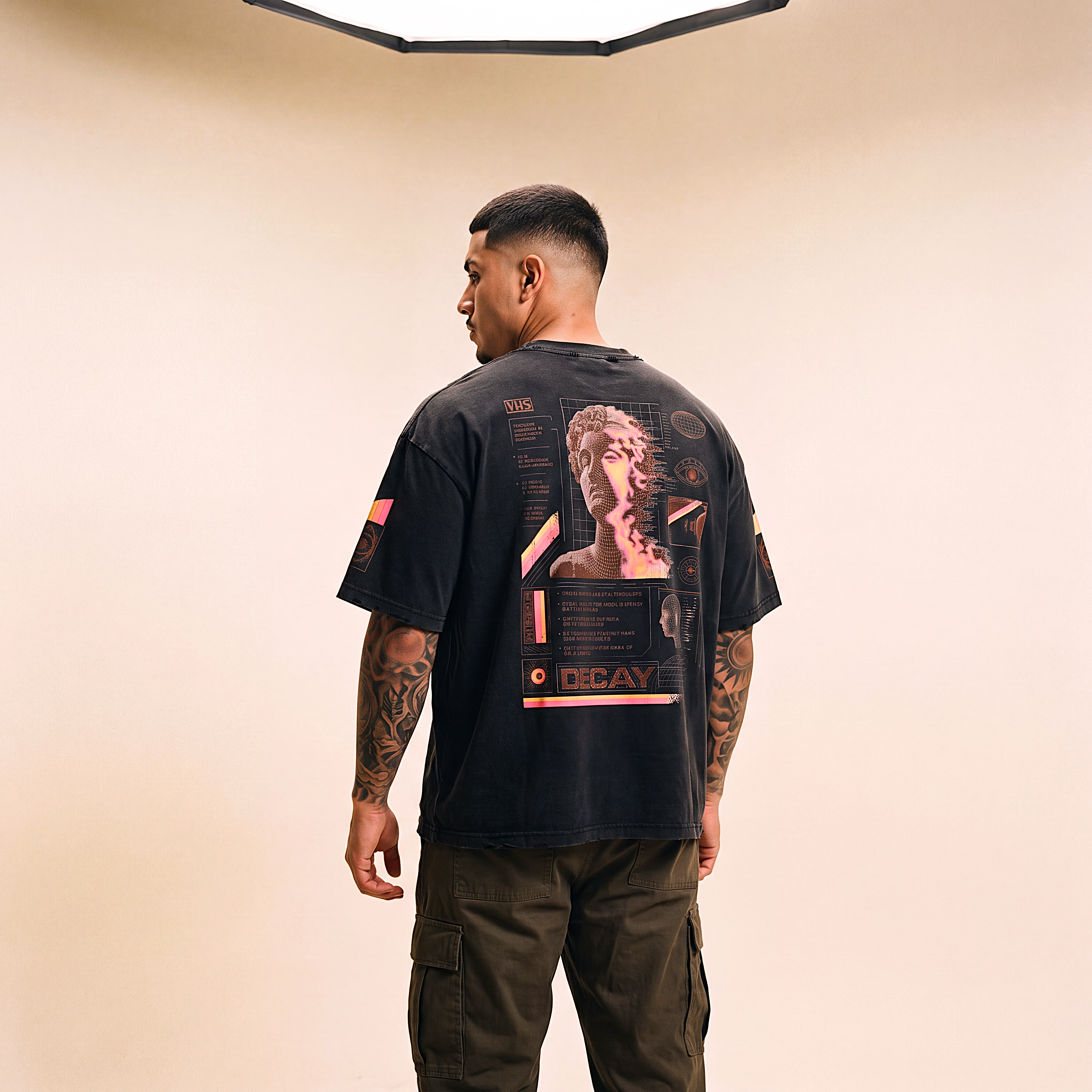 Analog Decay Frayed Boxy Graphic Tee - VHS Vaporwave & Greco-Roman Dark Academia Streetwear