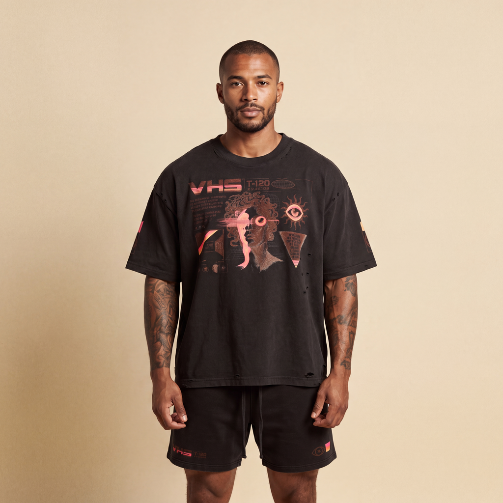 Analog Decay Frayed Boxy Graphic Tee - VHS Vaporwave & Greco-Roman Dark Academia Streetwear