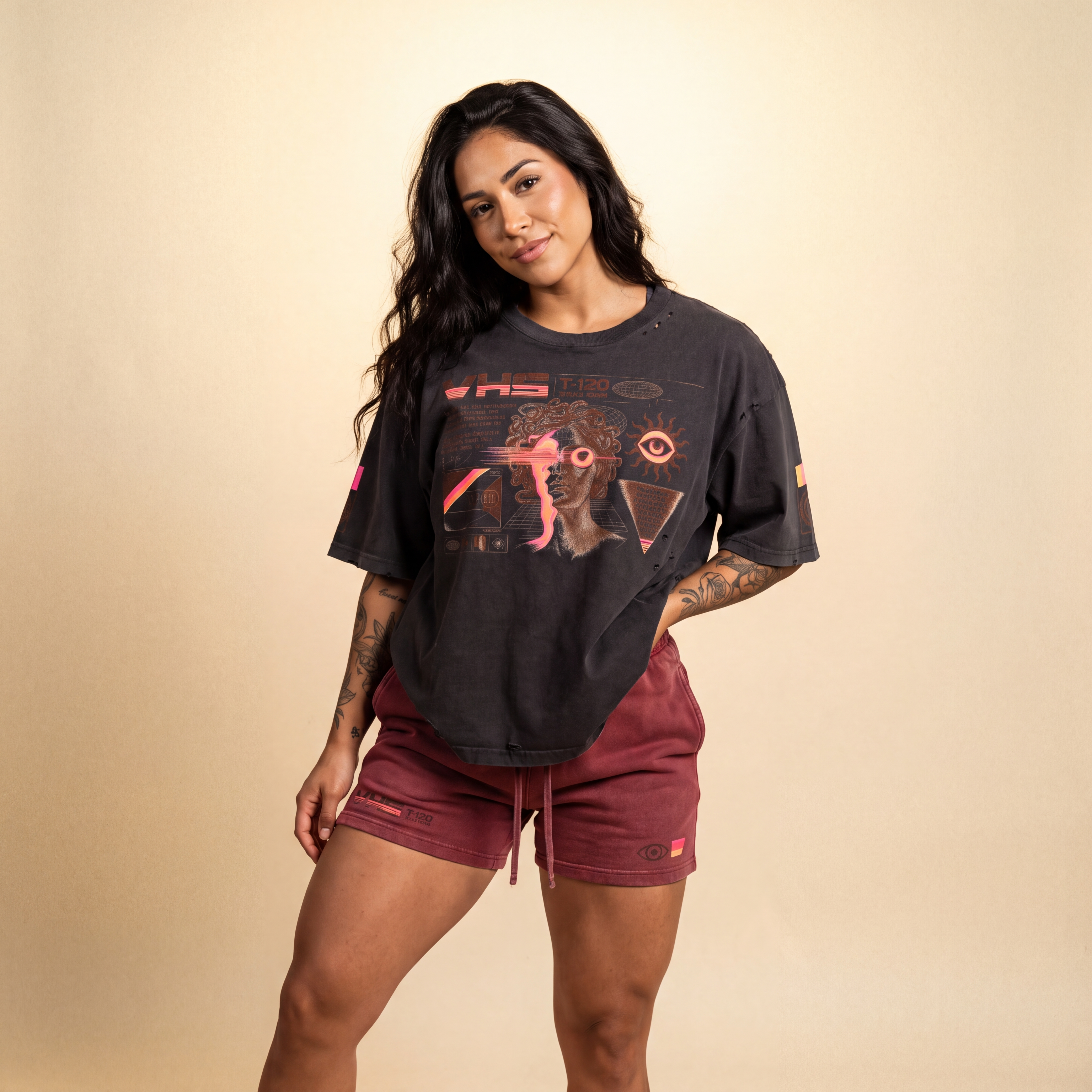 Analog Decay Frayed Boxy Graphic Tee - VHS Vaporwave & Greco-Roman Dark Academia Streetwear