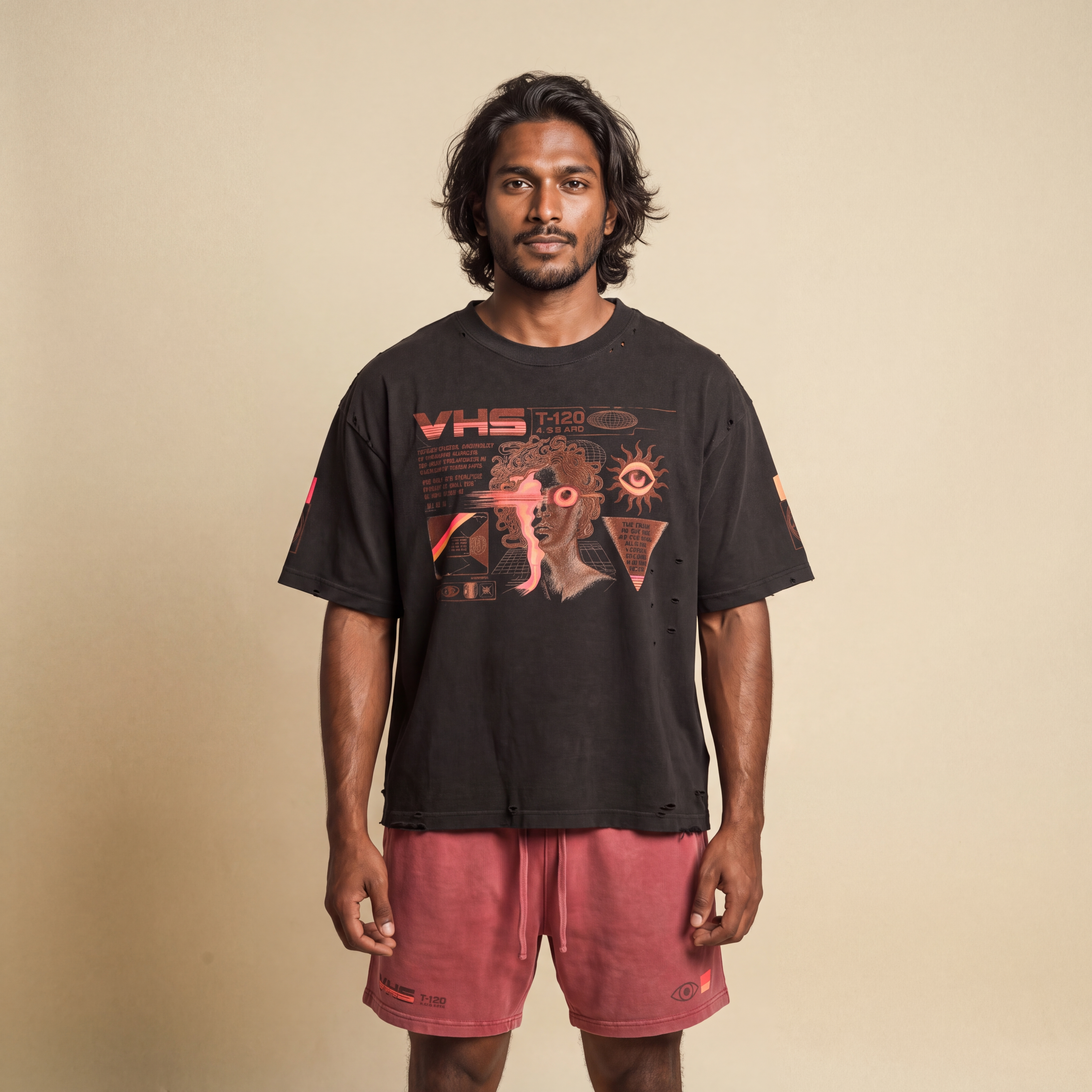 Analog Decay Frayed Boxy Graphic Tee - VHS Vaporwave & Greco-Roman Dark Academia Streetwear