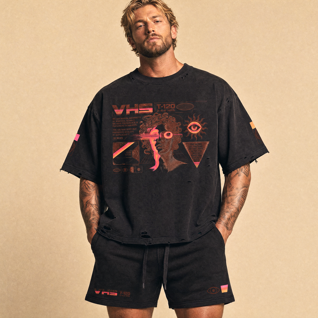 Analog Decay Frayed Boxy Graphic Tee - VHS Vaporwave & Greco-Roman Dark Academia Streetwear