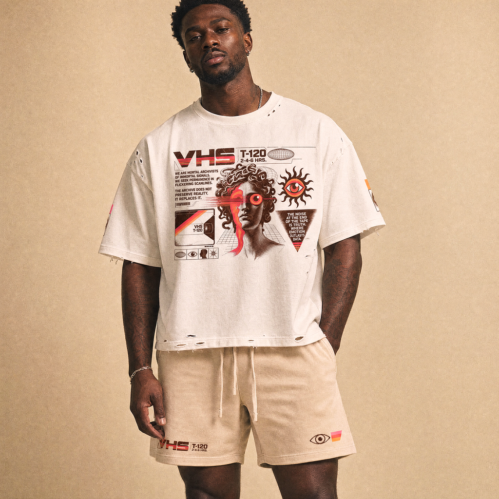 Analog Decay Frayed Boxy Graphic Tee - VHS Vaporwave & Greco-Roman Dark Academia Streetwear