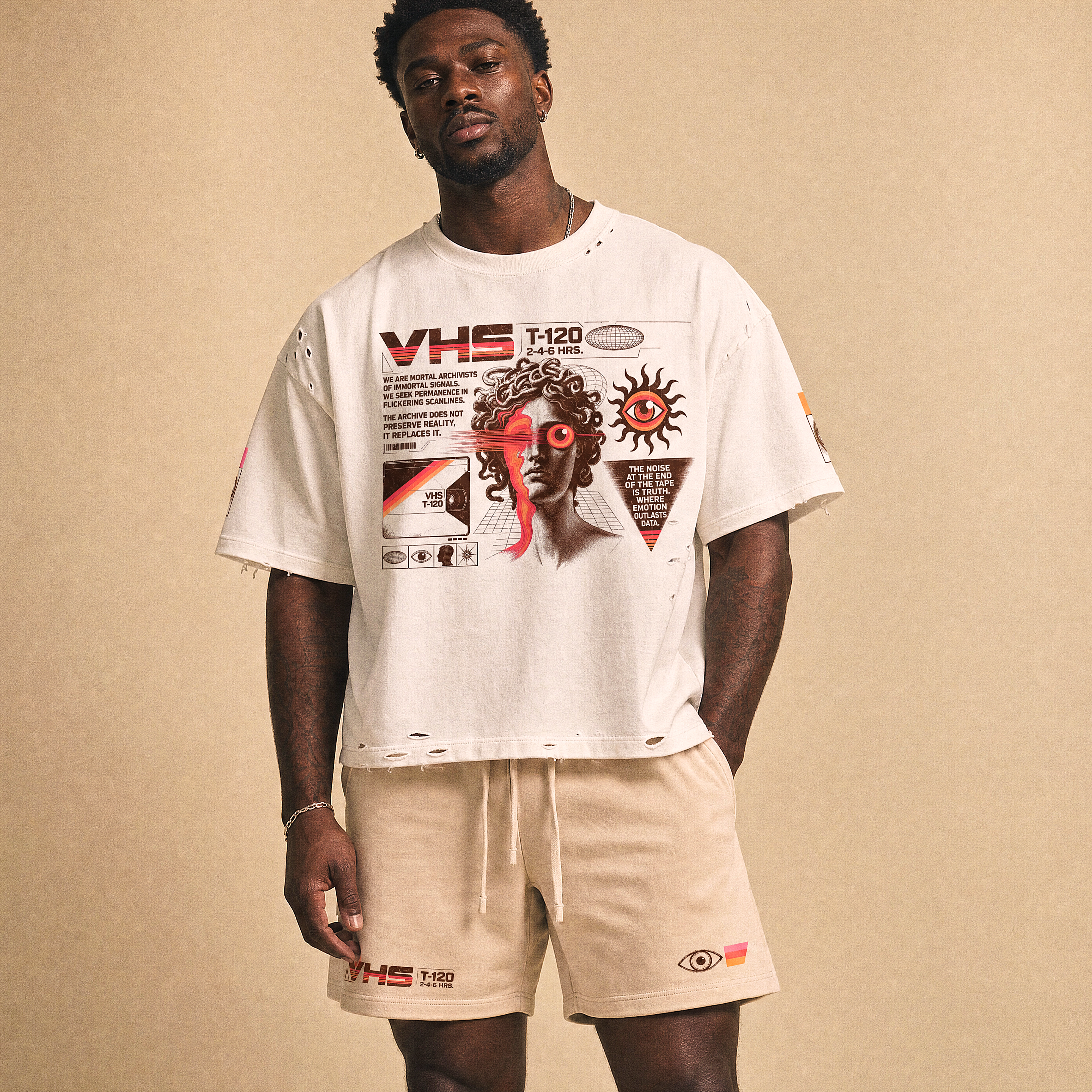 Analog Decay Frayed Boxy Graphic Tee - VHS Vaporwave & Greco-Roman Dark Academia Streetwear