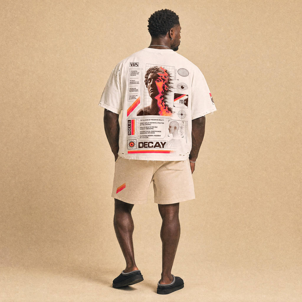 Analog Decay Frayed Boxy Graphic Tee - VHS Vaporwave & Greco-Roman Dark Academia Streetwear