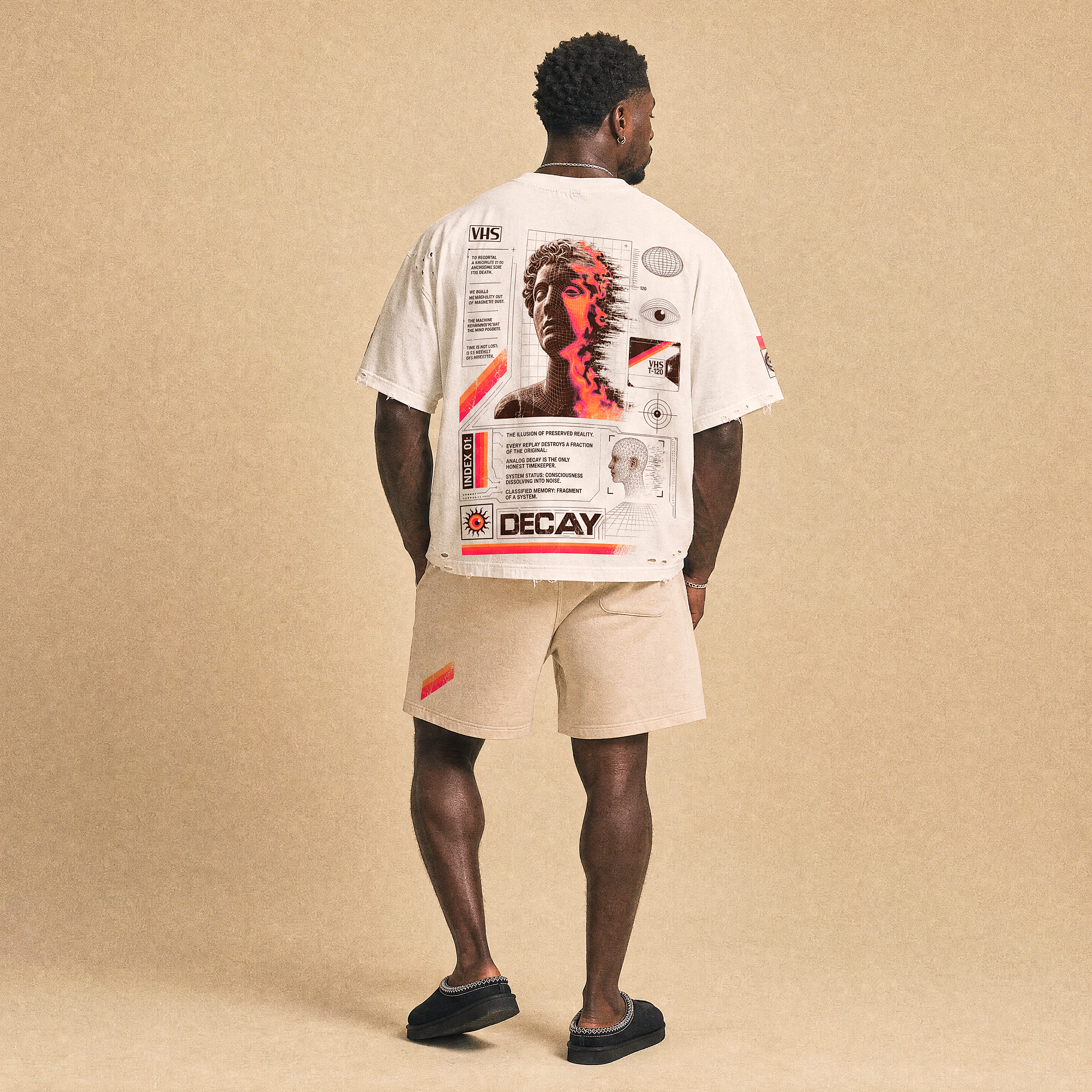Analog Decay Frayed Boxy Graphic Tee - VHS Vaporwave & Greco-Roman Dark Academia Streetwear