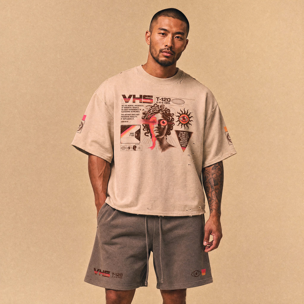 Analog Decay Frayed Boxy Graphic Tee - VHS Vaporwave & Greco-Roman Dark Academia Streetwear