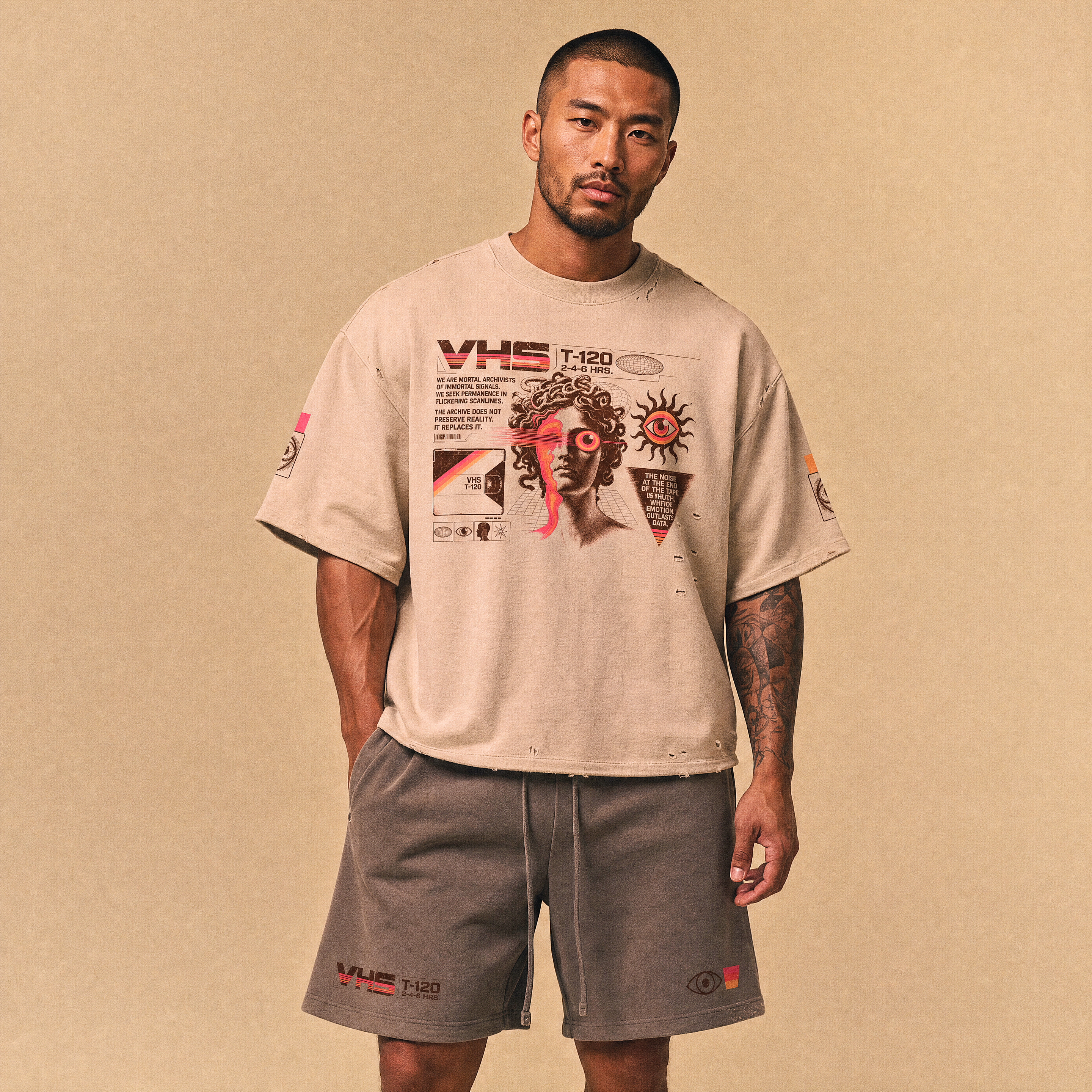 Analog Decay Frayed Boxy Graphic Tee - VHS Vaporwave & Greco-Roman Dark Academia Streetwear