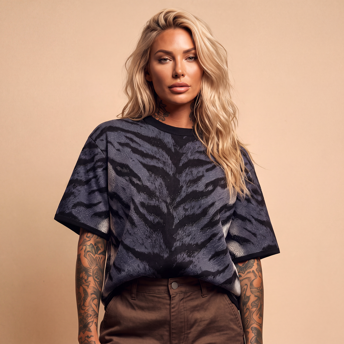 Stormy Blue Tiger Stripe Knitted Tee — Heavyweight Jacquard Knit T-Shirt — Orbital Archive Streetwear Unisex All-Over Pattern Pullover