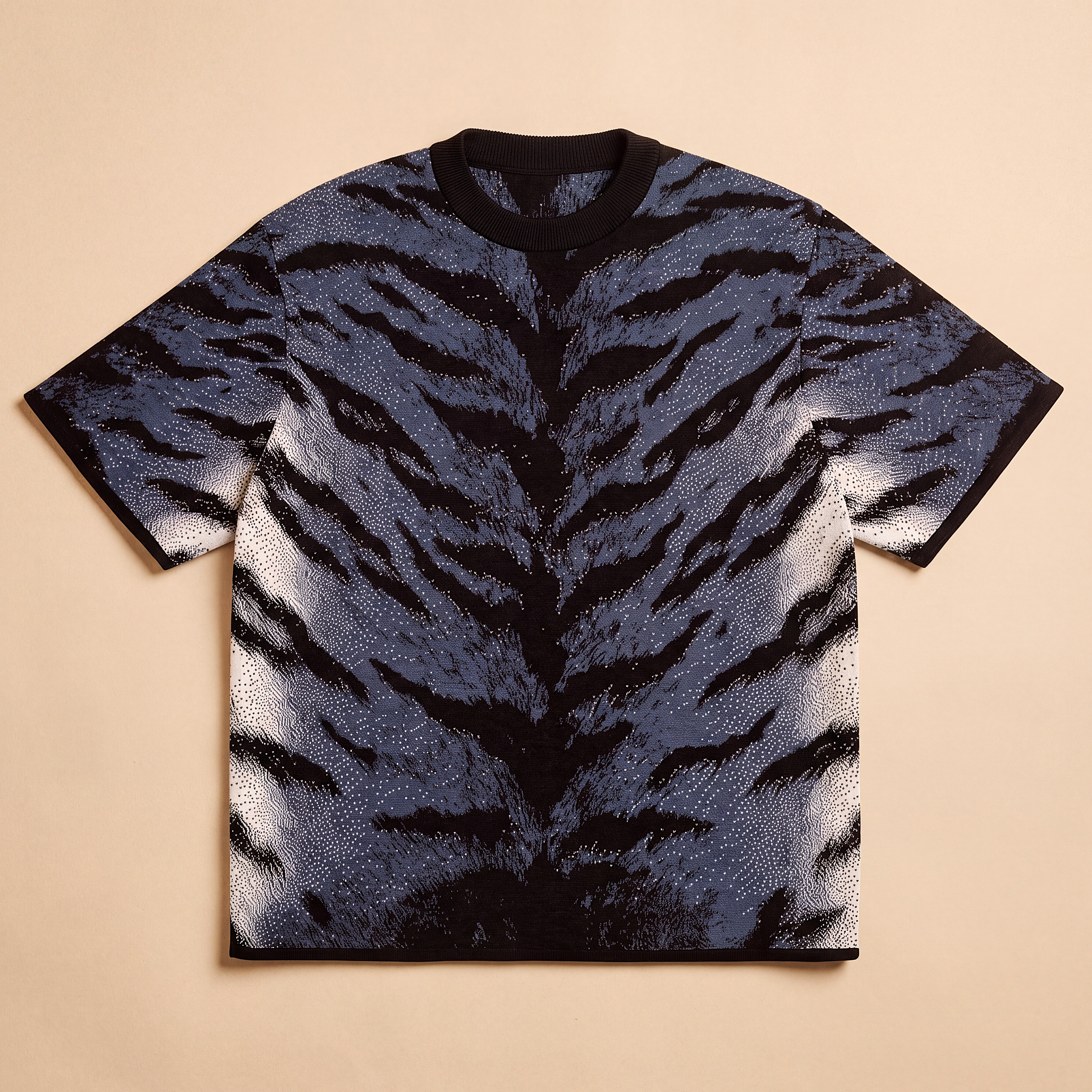 Stormy Blue Tiger Stripe Knitted Tee — Heavyweight Jacquard Knit T-Shirt — Orbital Archive Streetwear Unisex All-Over Pattern Pullover