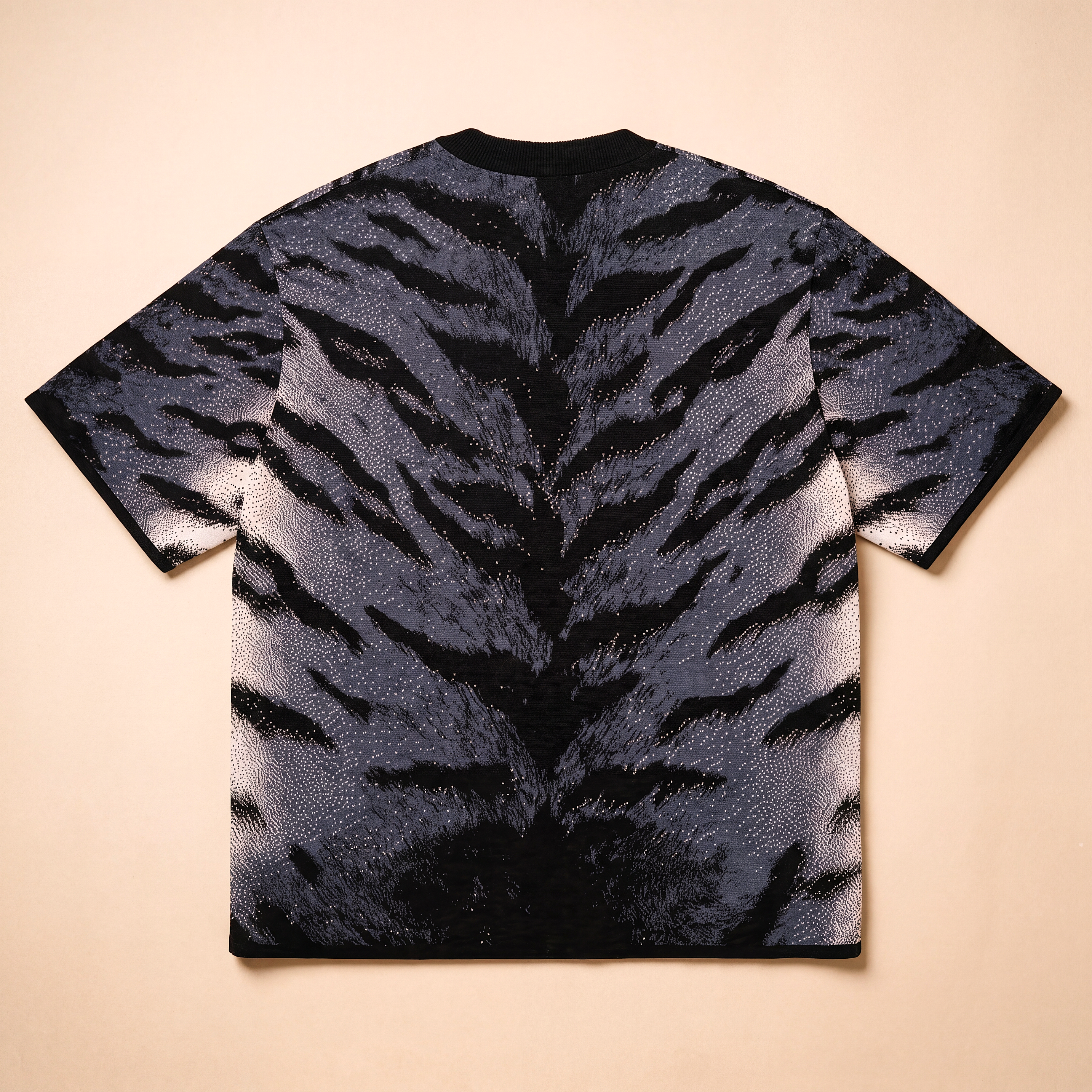 Stormy Blue Tiger Stripe Knitted Tee — Heavyweight Jacquard Knit T-Shirt — Orbital Archive Streetwear Unisex All-Over Pattern Pullover