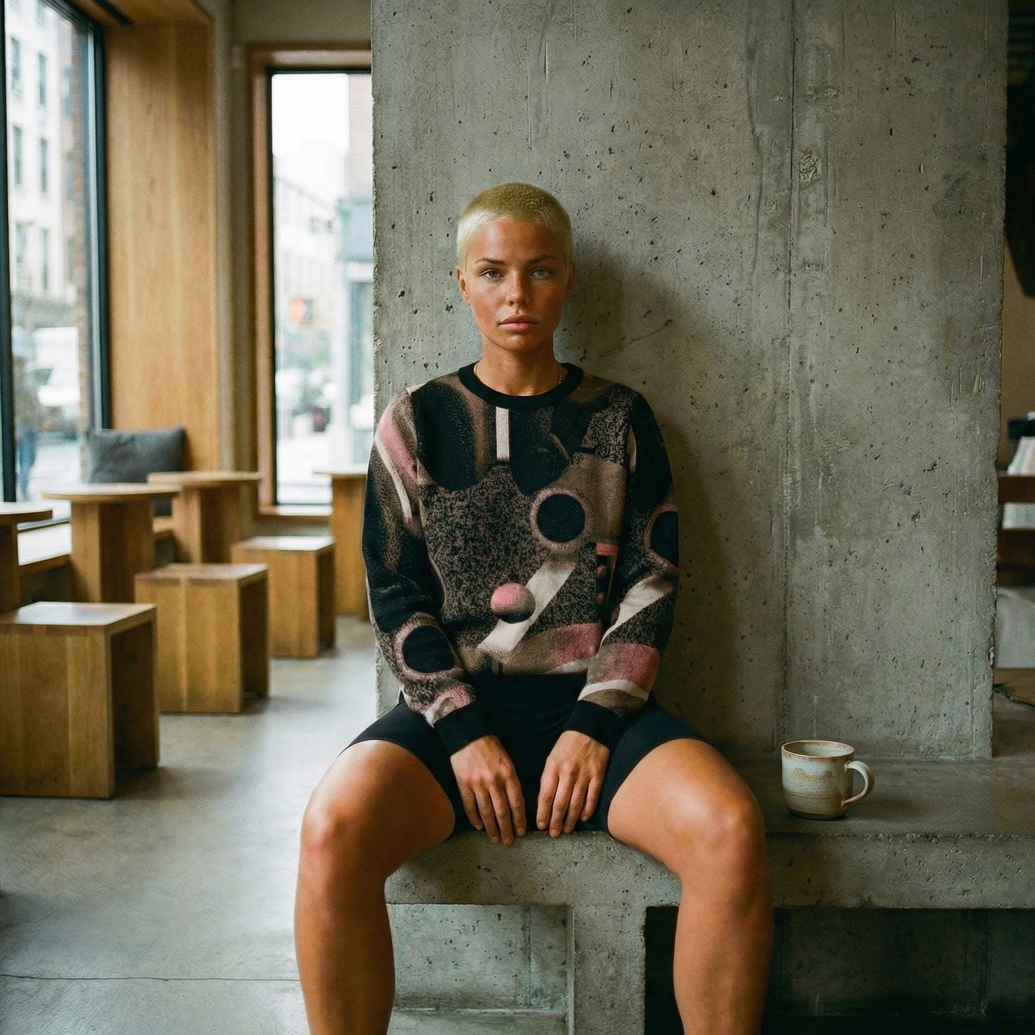 Minoan Abstract Earth-toned Retro-Futurist Jacquard Sweater — Ancient Future Geometric Knit Pullover