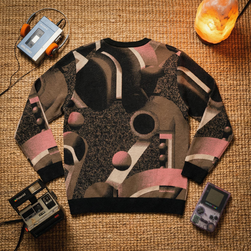 Minoan Abstract Earth-toned Retro-Futurist Jacquard Sweater — Ancient Future Geometric Knit Pullover