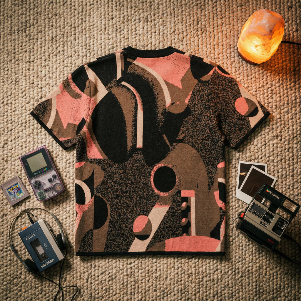 Minoan Abstract Earth-toned Retro-Futurist Jacquard T-Shirt — Ancient Future Geometric Knit Tee - Indie Aesthetic Woven Streetwear