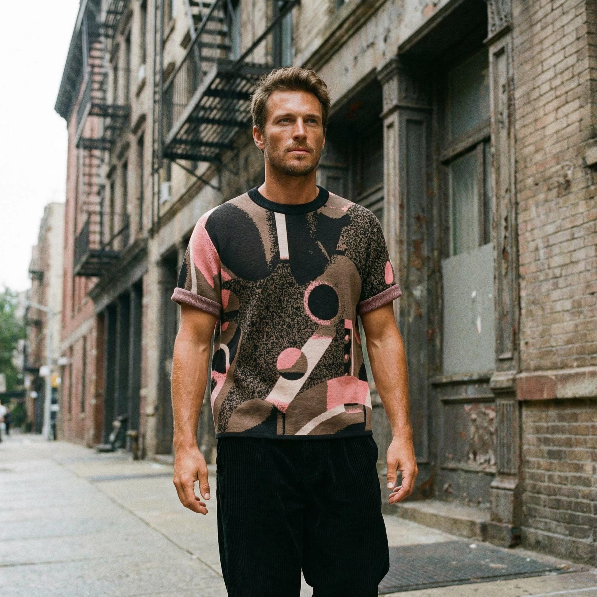 Minoan Abstract Earth-toned Retro-Futurist Jacquard T-Shirt — Ancient Future Geometric Knit Tee - Indie Aesthetic Woven Streetwear