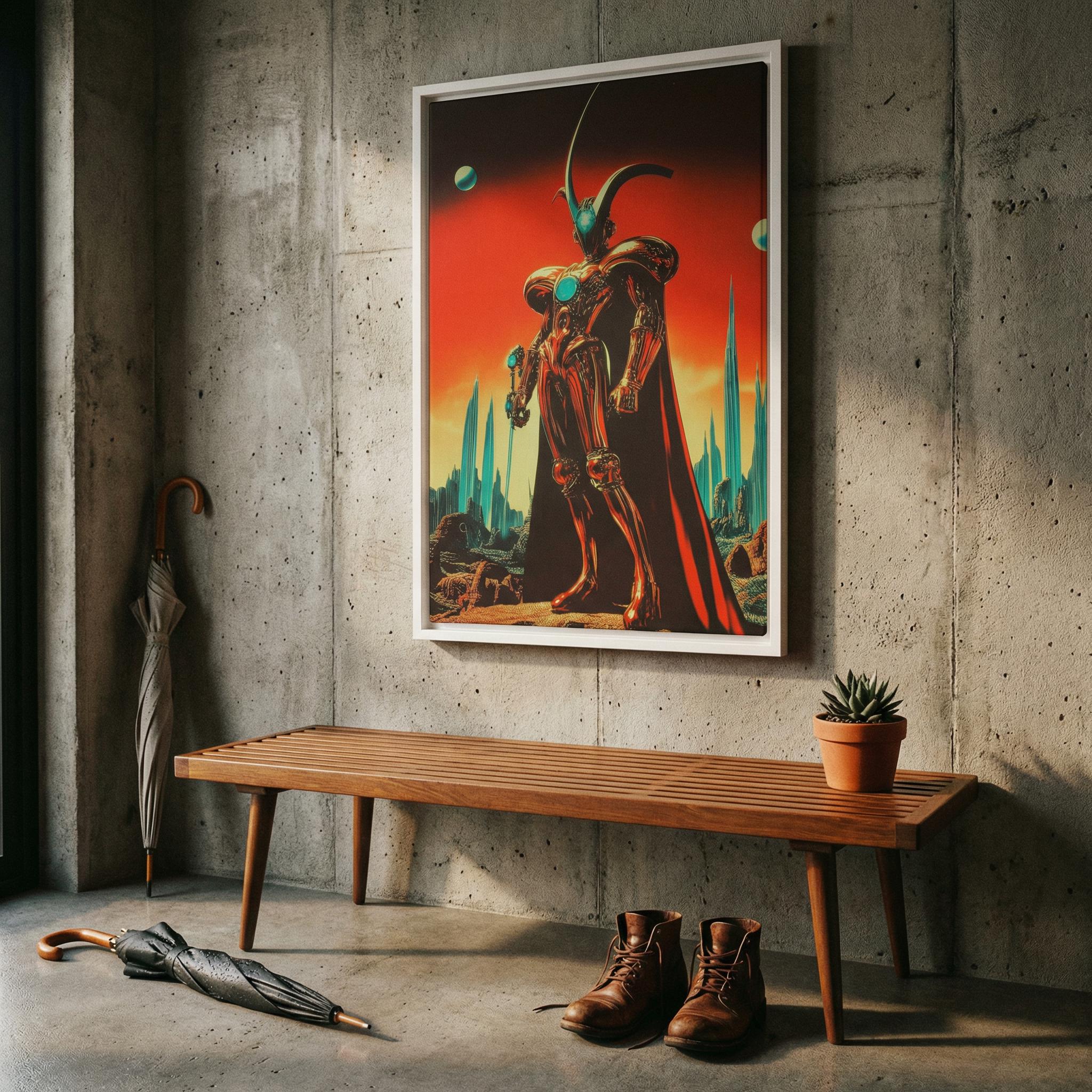 The Arbiter — Retro-Futurist Sci-Fi Framed Canvas — Space Knight Surreal Fantasy Wall Art