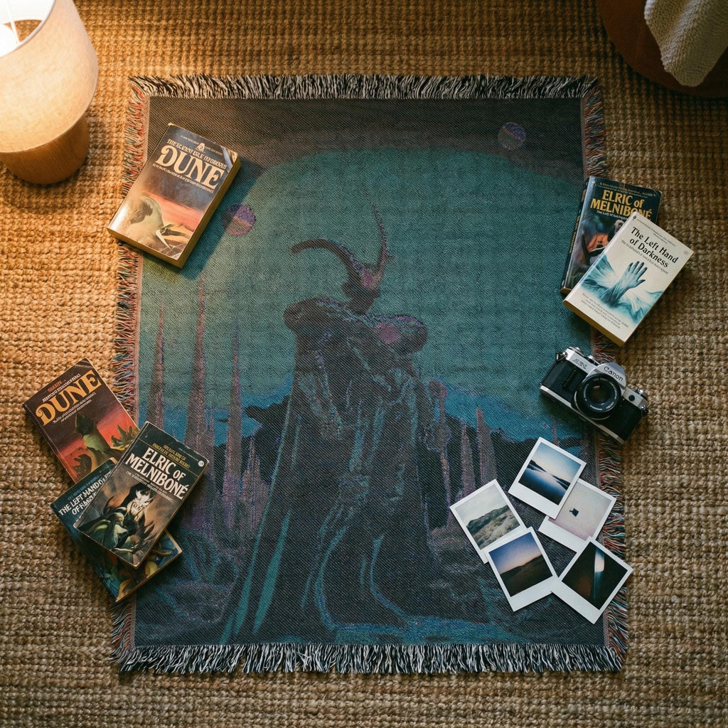 Sci-Fi Space Knight Woven Blanket | Retro Alien Landscape Throw