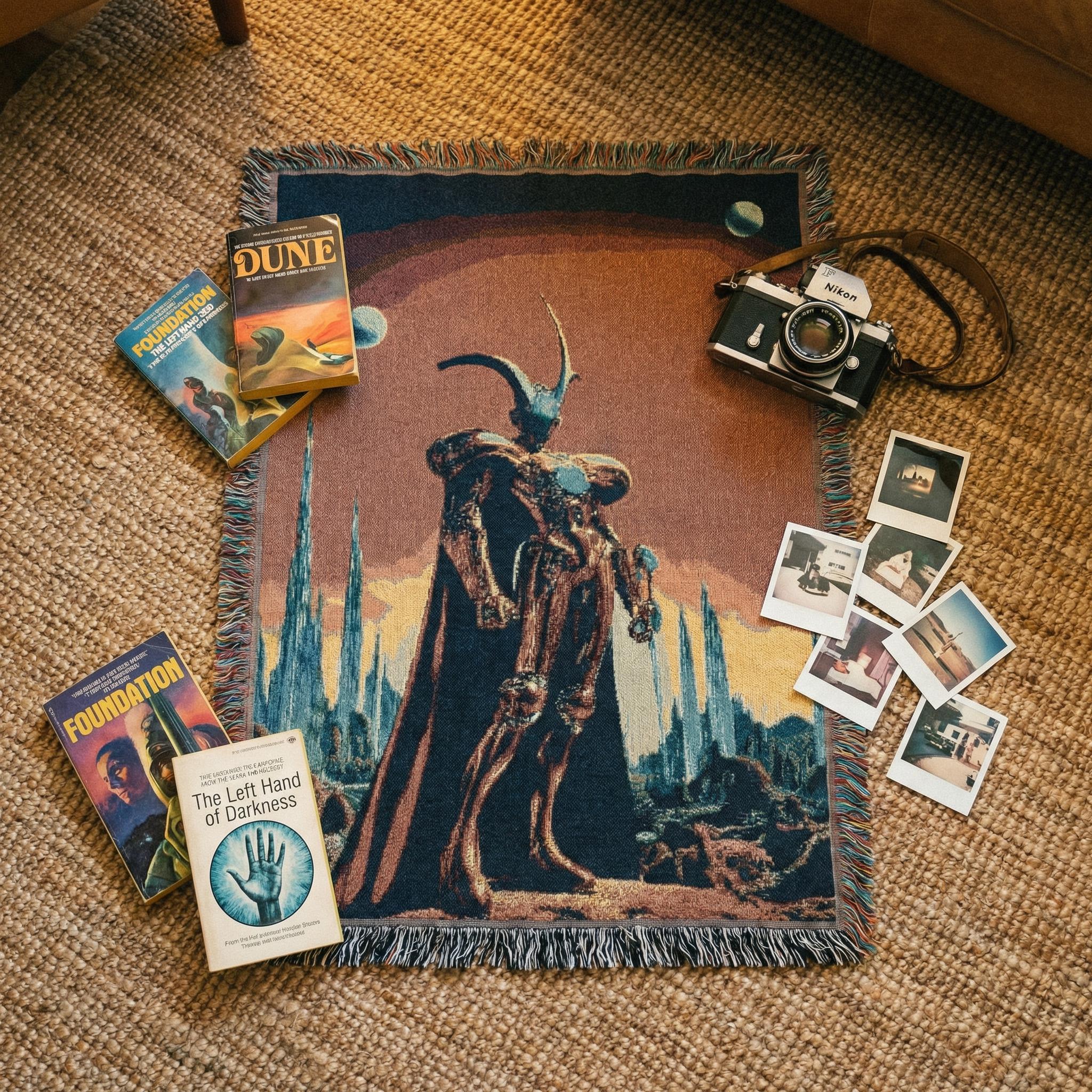 Sci-Fi Space Knight Woven Blanket | Retro Alien Landscape Throw