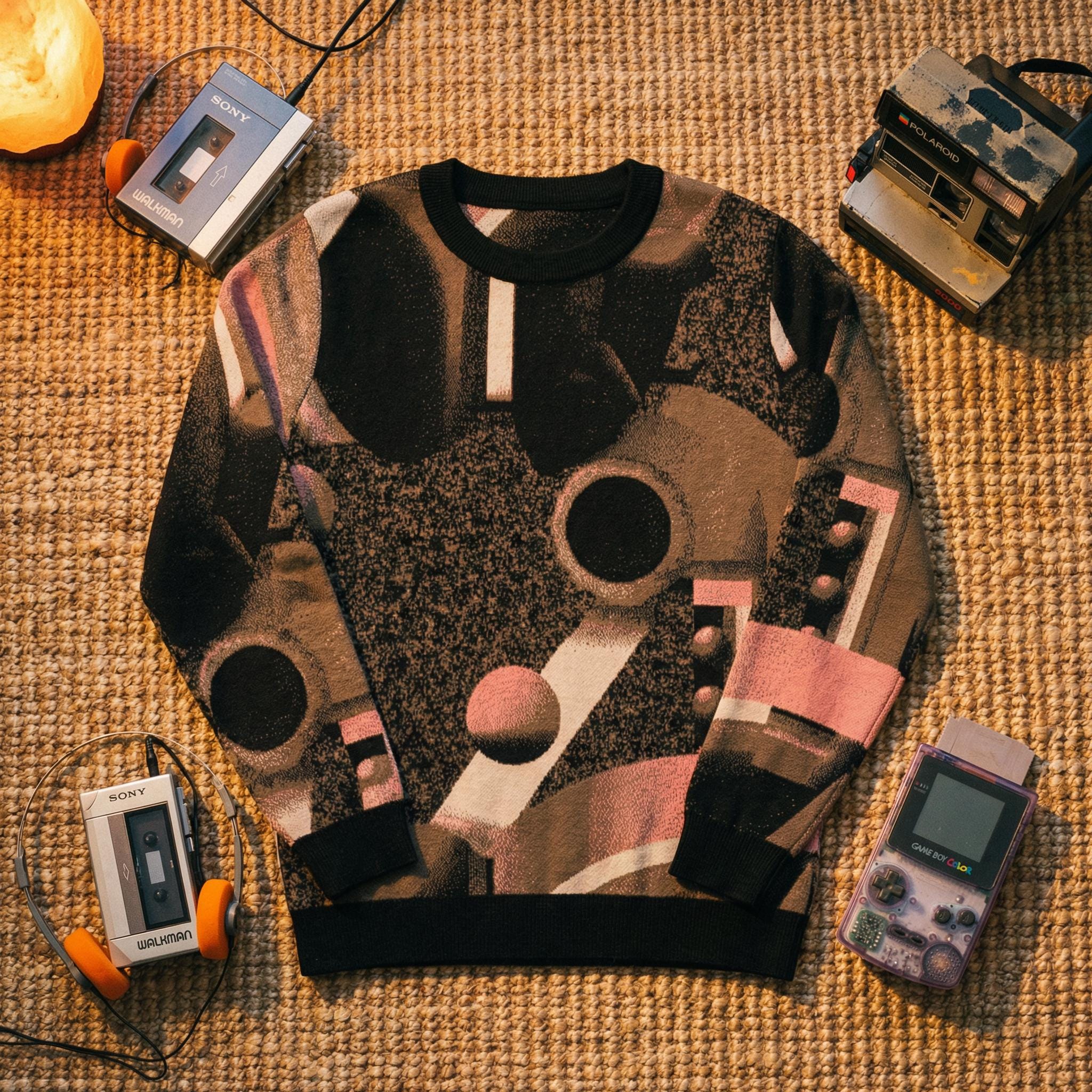Minoan Abstract Earth-toned Retro-Futurist Jacquard Sweater — Ancient Future Geometric Knit Pullover