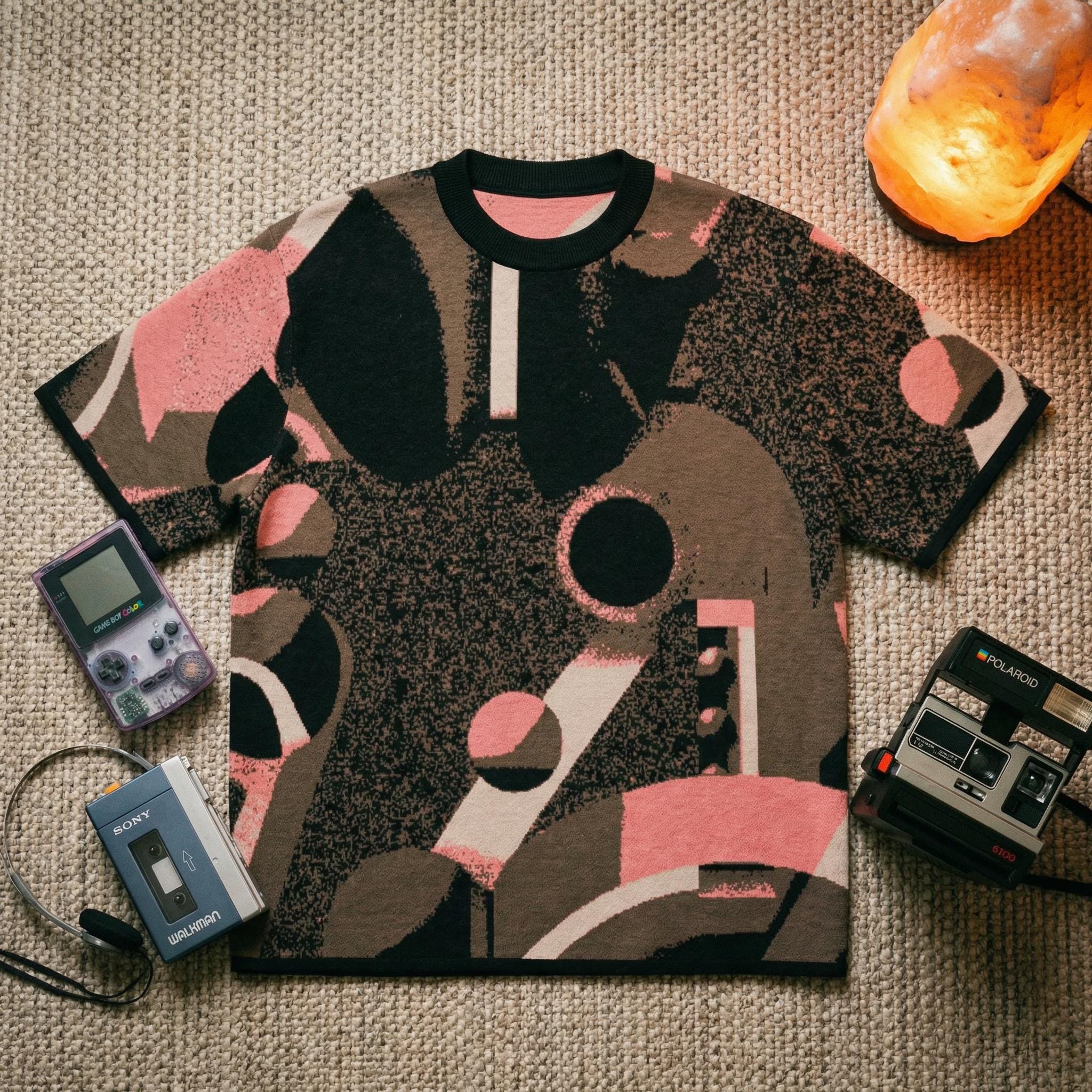 Minoan Abstract Earth-toned Retro-Futurist Jacquard T-Shirt — Ancient Future Geometric Knit Tee - Indie Aesthetic Woven Streetwear