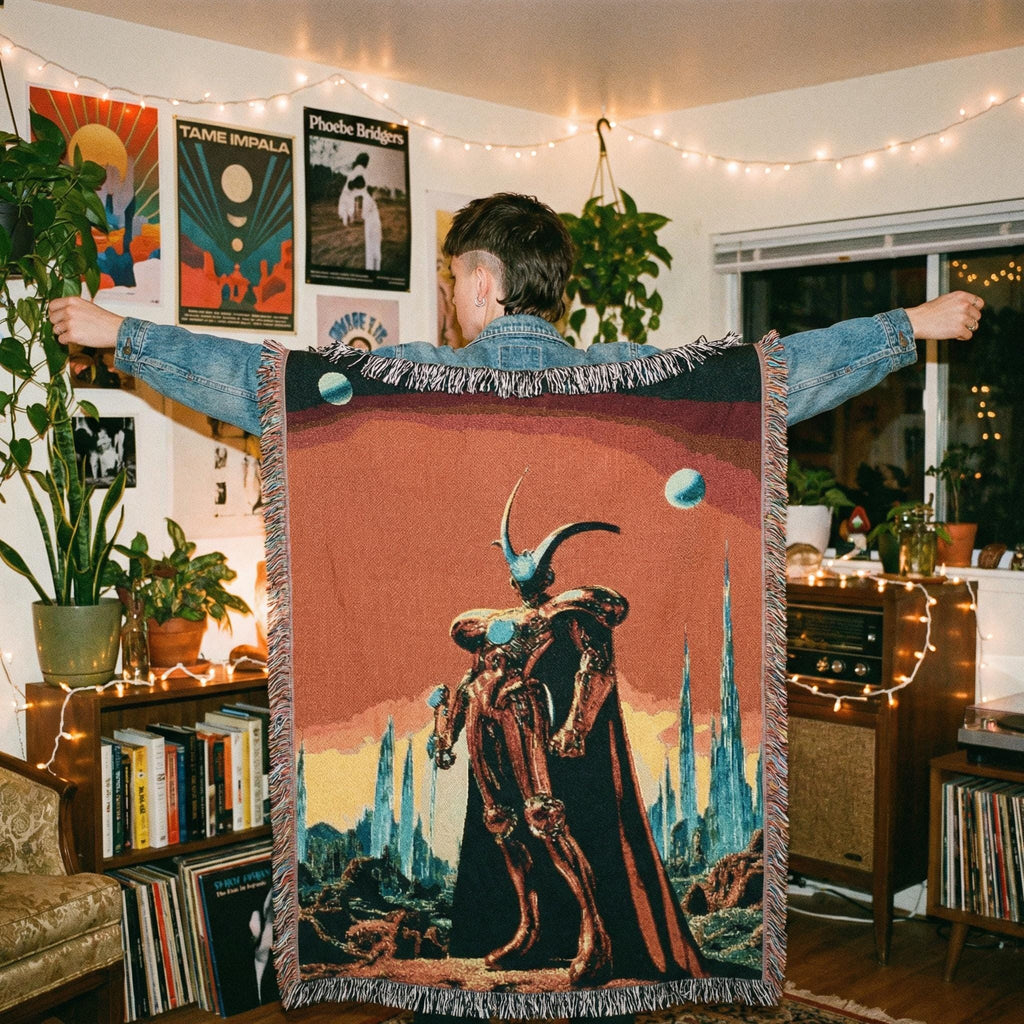 Sci-Fi Space Knight Woven Blanket | Retro Alien Landscape Throw