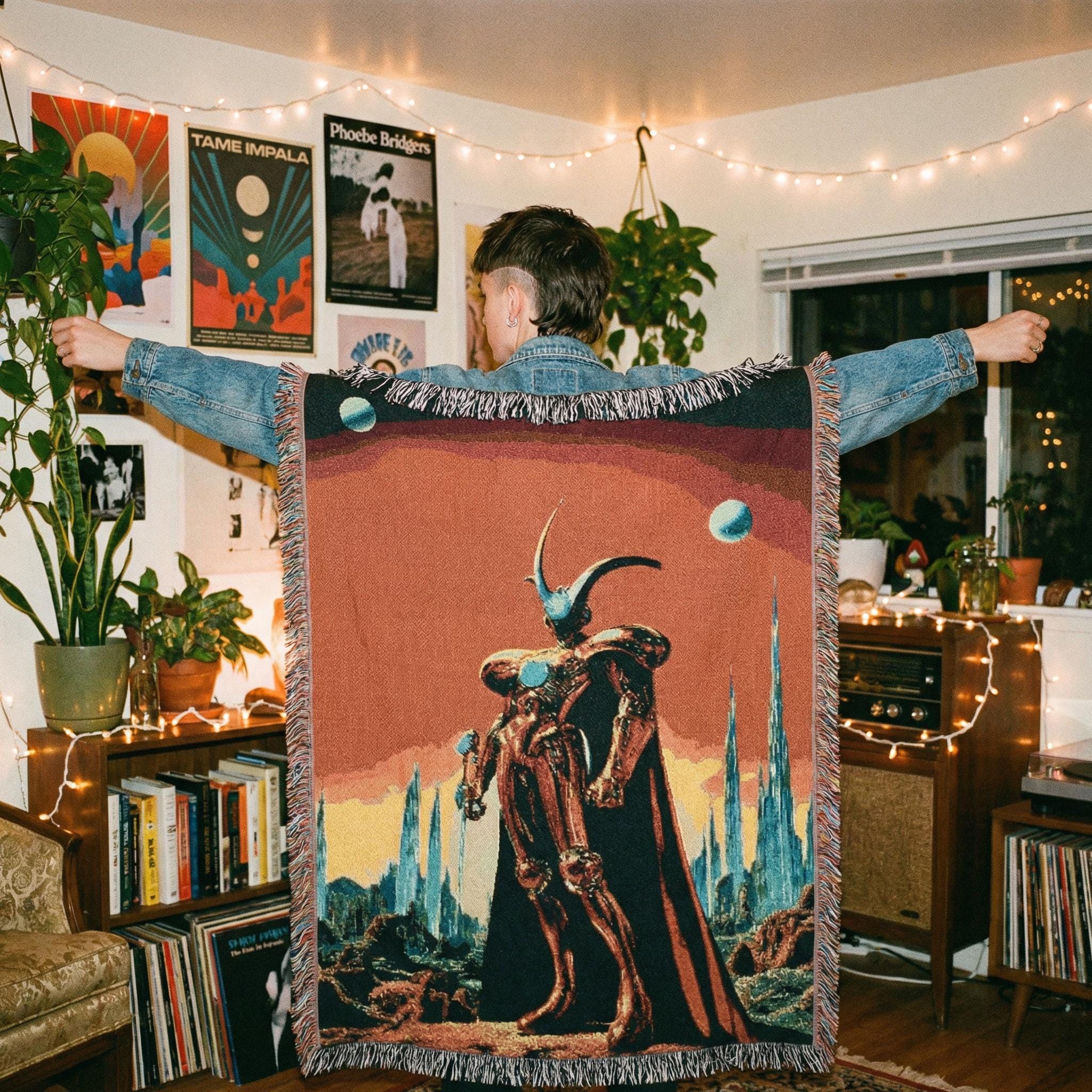 Sci-Fi Space Knight Woven Blanket | Retro Alien Landscape Throw