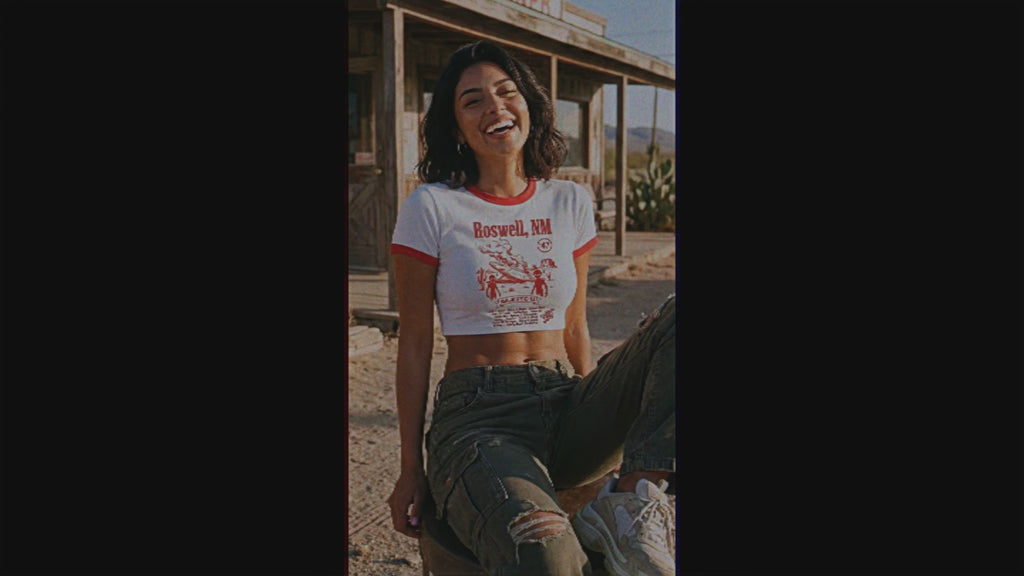 Roswell UFO Retro Flying Saucer Cropped Women's Ringer Tee | Alien Saucer Graphic Tee